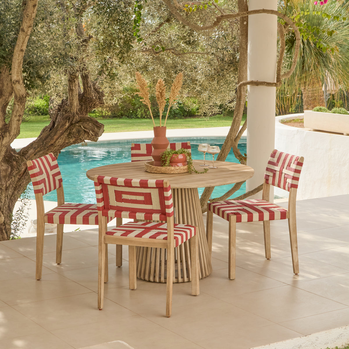 Willow 4 Seater Wooden Brushed Light Acacia Round Dining Set with Saffron Paprika and Beige Chairs - Laura James