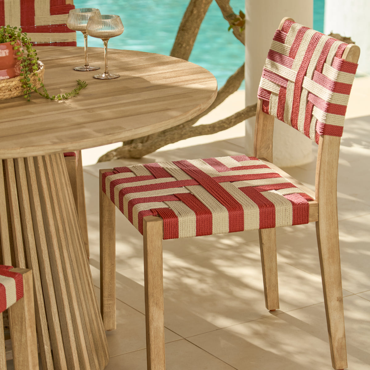 Willow 4 Seater Wooden Brushed Light Acacia Round Dining Set with Saffron Paprika and Beige Chairs - Laura James