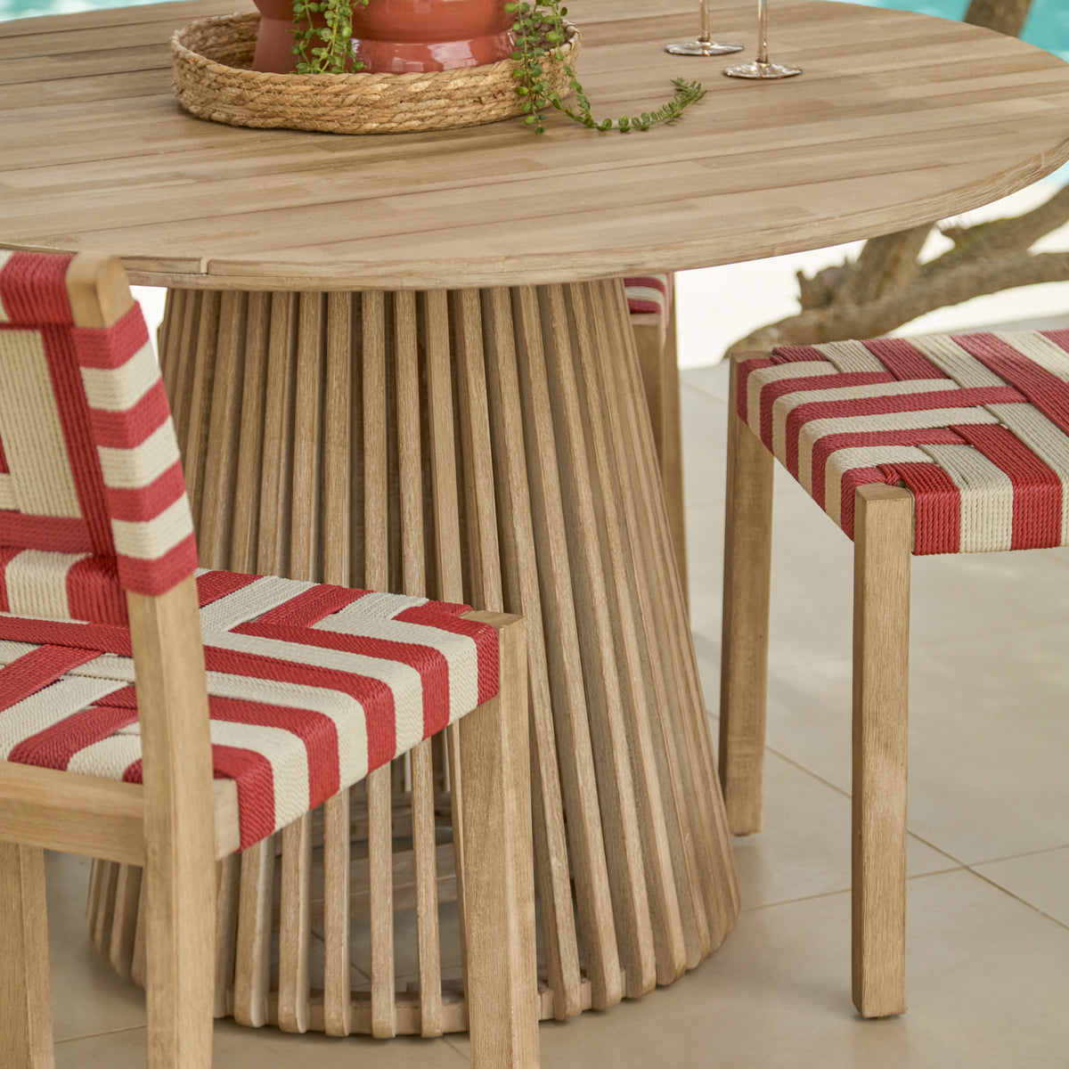 Willow 4 Seater Wooden Brushed Light Acacia Round Dining Set with Saffron Paprika and Beige Chairs - Laura James