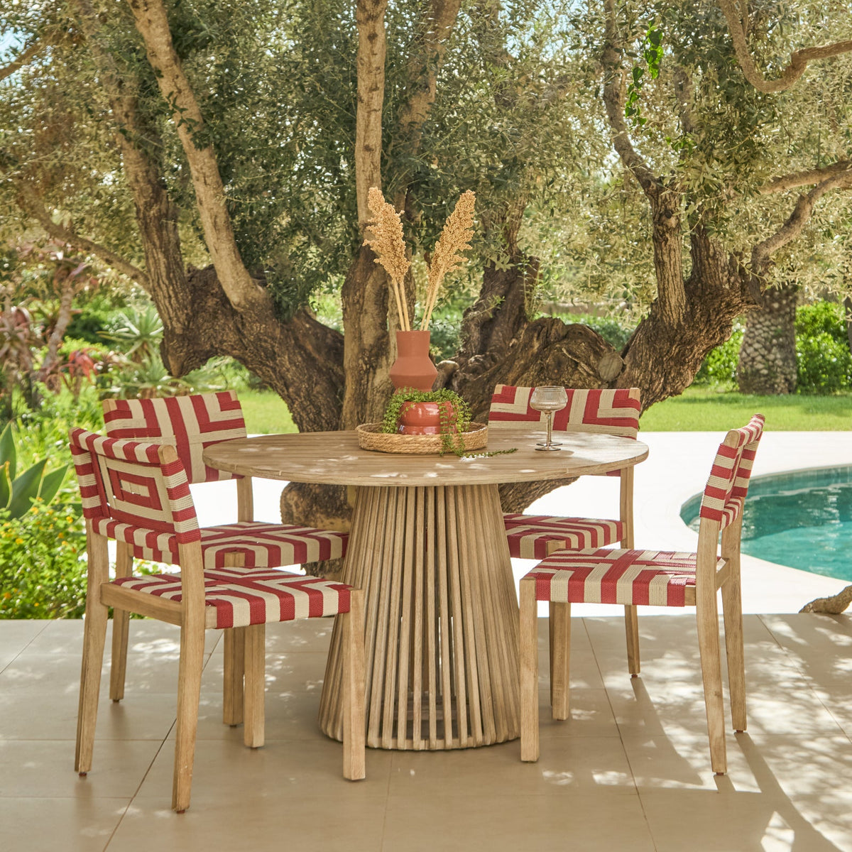 Willow 4 Seater Wooden Brushed Light Acacia Round Dining Set with Saffron Paprika and Beige Chairs - Laura James