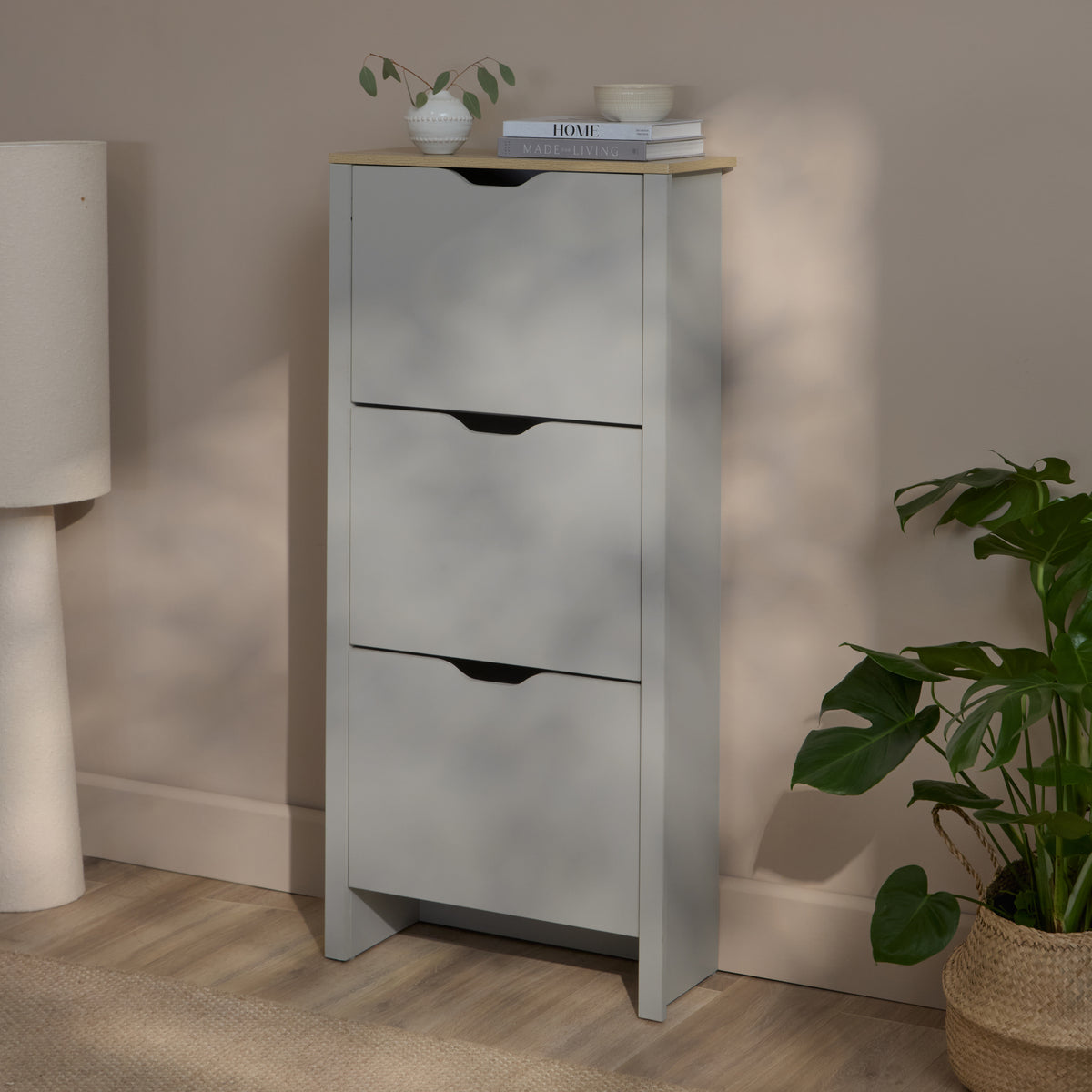 Windsor 60cm Three Door Shoe Cabinet - Pale Grey with Coastal Oak Top - Laura James