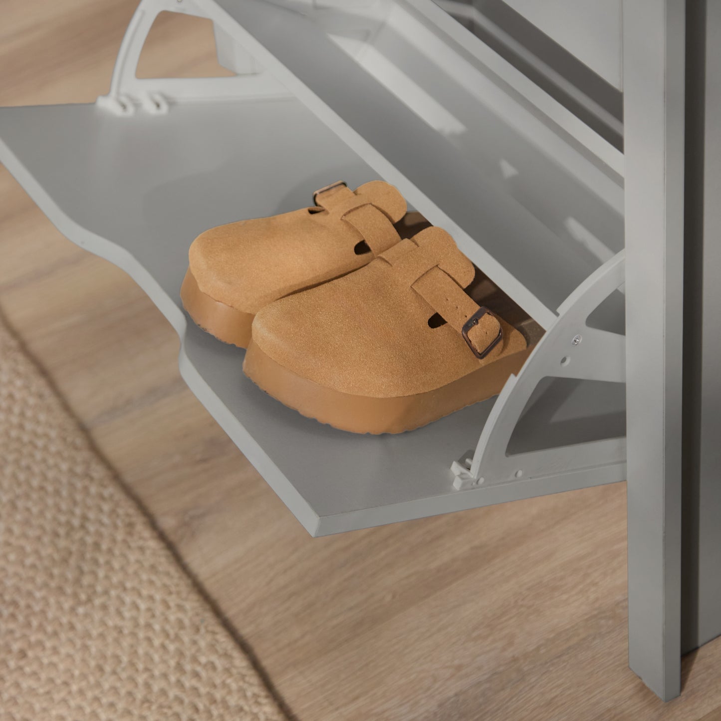 Windsor 60cm Three Door Shoe Cabinet - Pale Grey with Coastal Oak Top - Laura James