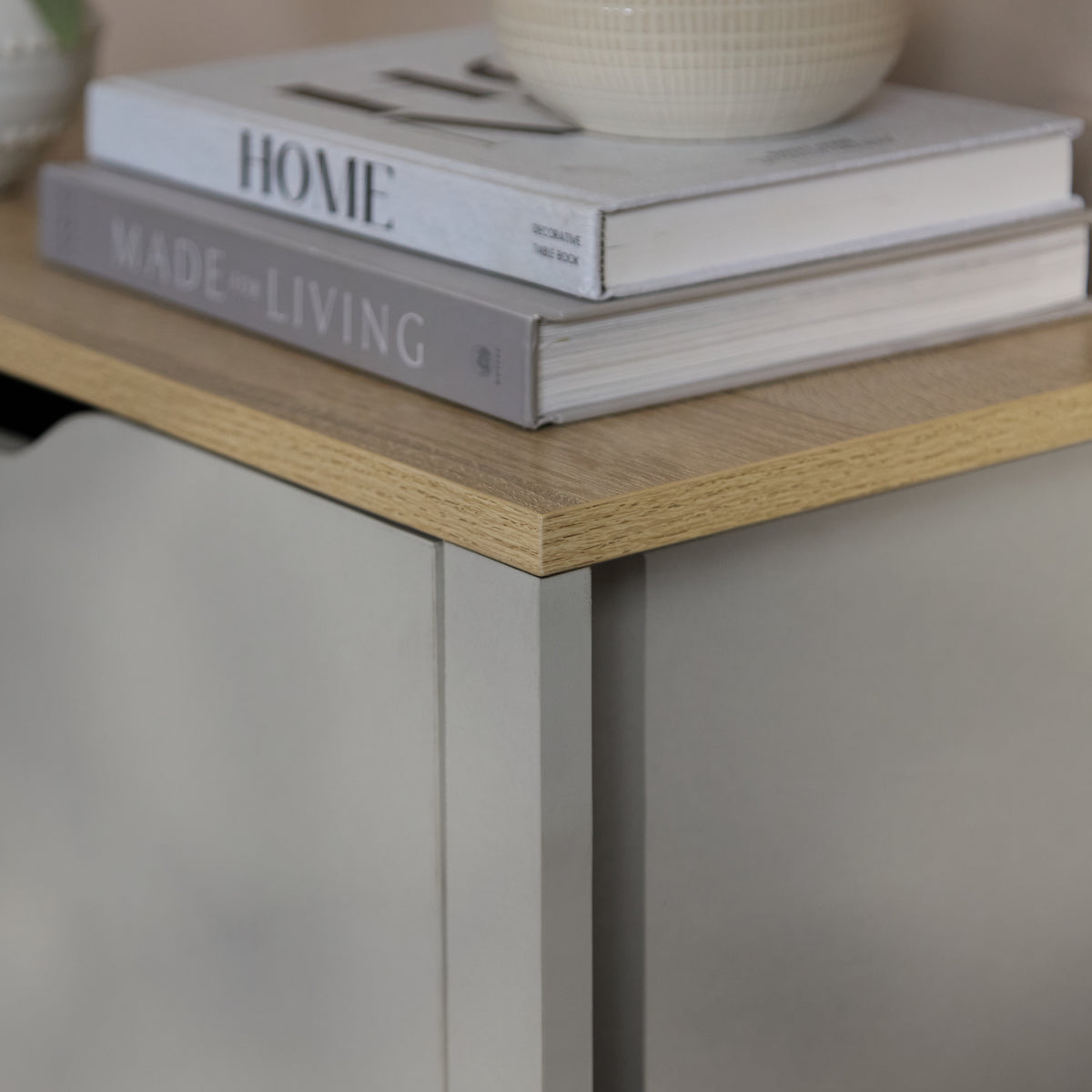 Windsor 60cm Three Door Shoe Cabinet - Pale Grey with Coastal Oak Top - Laura James