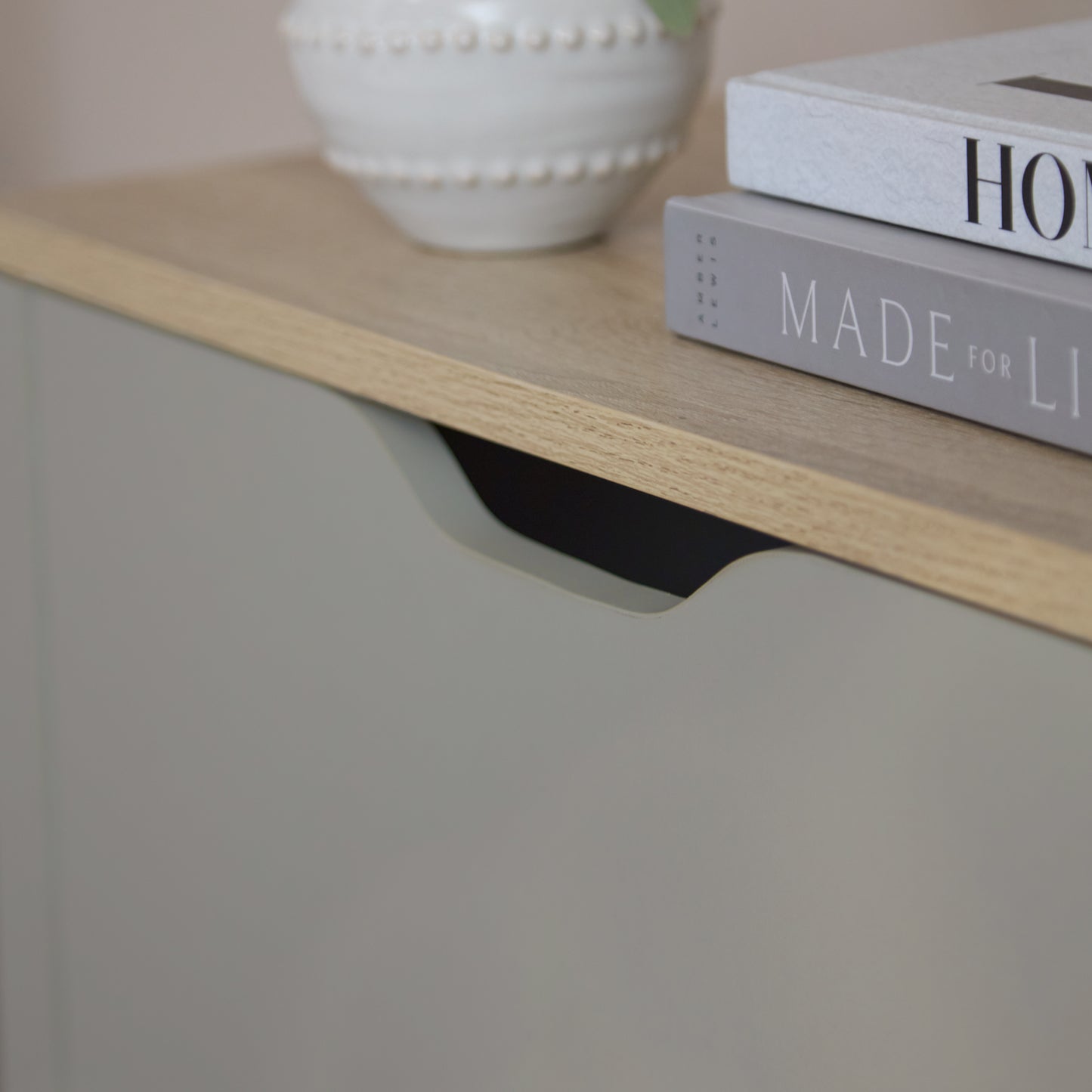 Windsor 60cm Three Door Shoe Cabinet - Pale Grey with Coastal Oak Top - Laura James