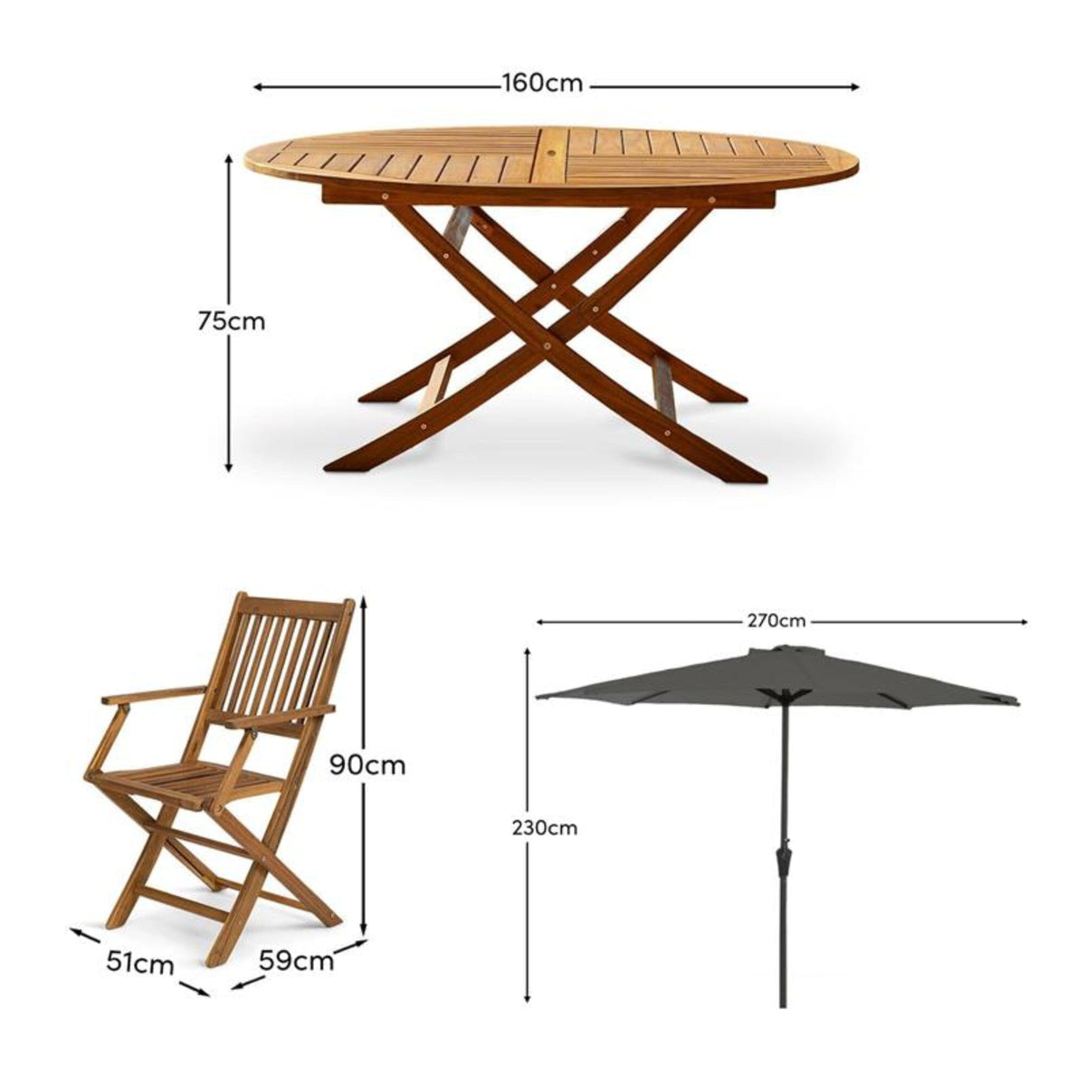 Ashby 8 Seater Wooden Round Garden Dining Set with Arms & Grey Parasol - 160cm - Laura James