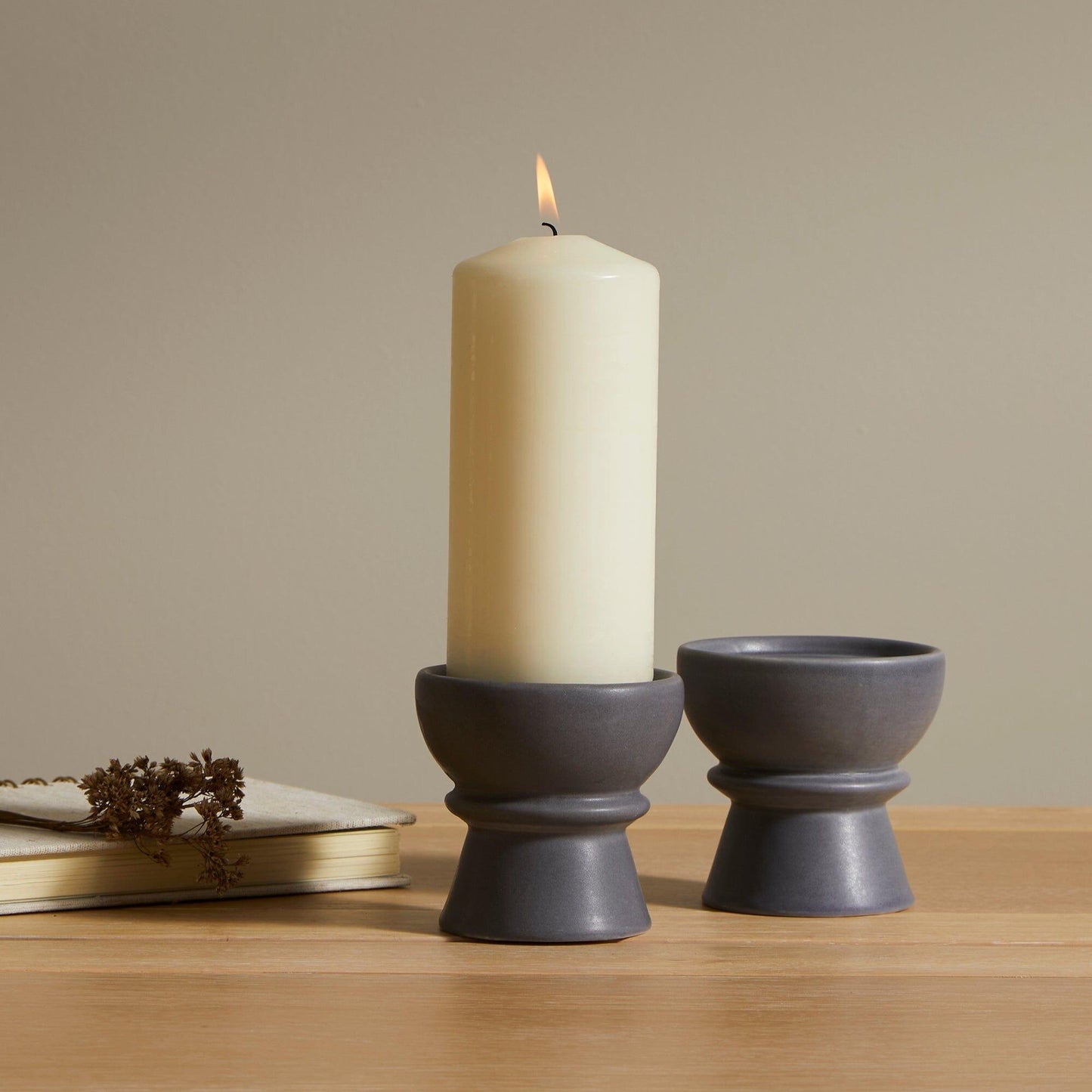 Ackton 9cm Ceramic Pillar Candle Holder - Set of 2 - Grey - Laura James
