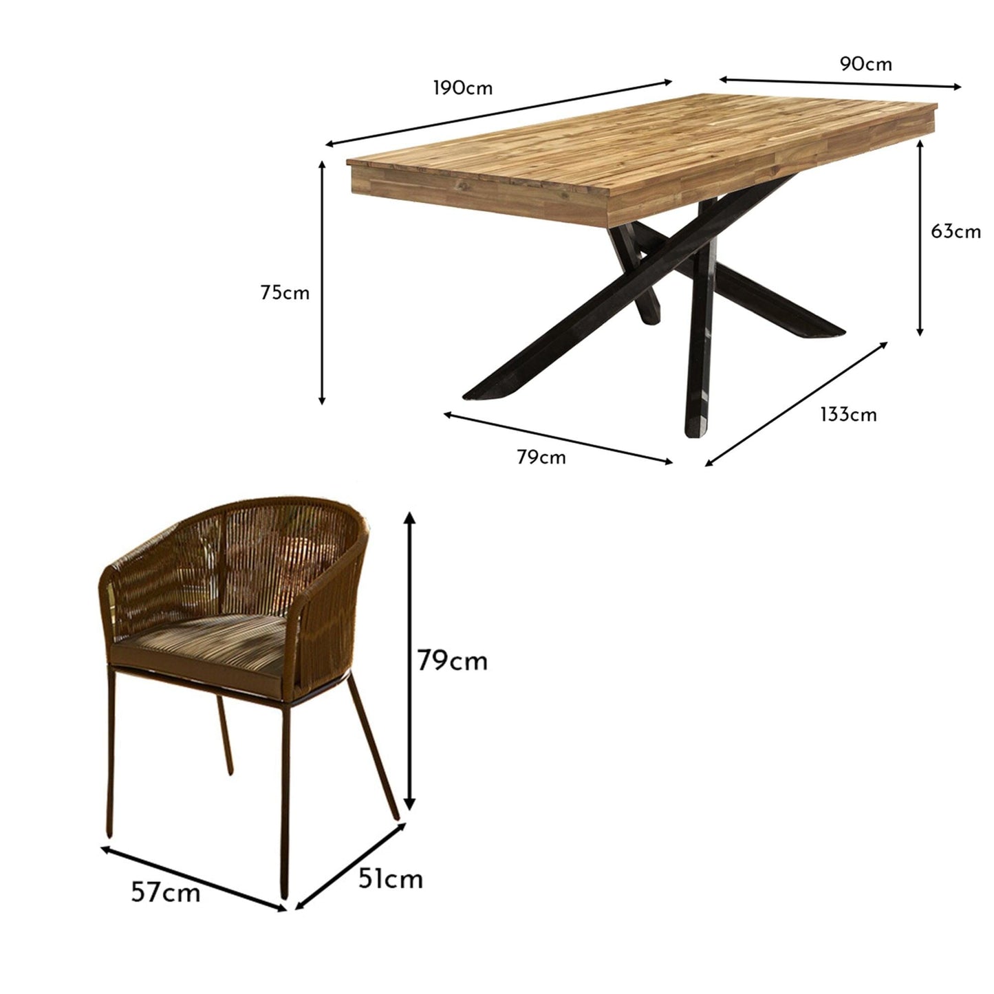 Amelia 4 Seater Natural Wood Black Legs Garden Dining Set - Hali Green Chairs