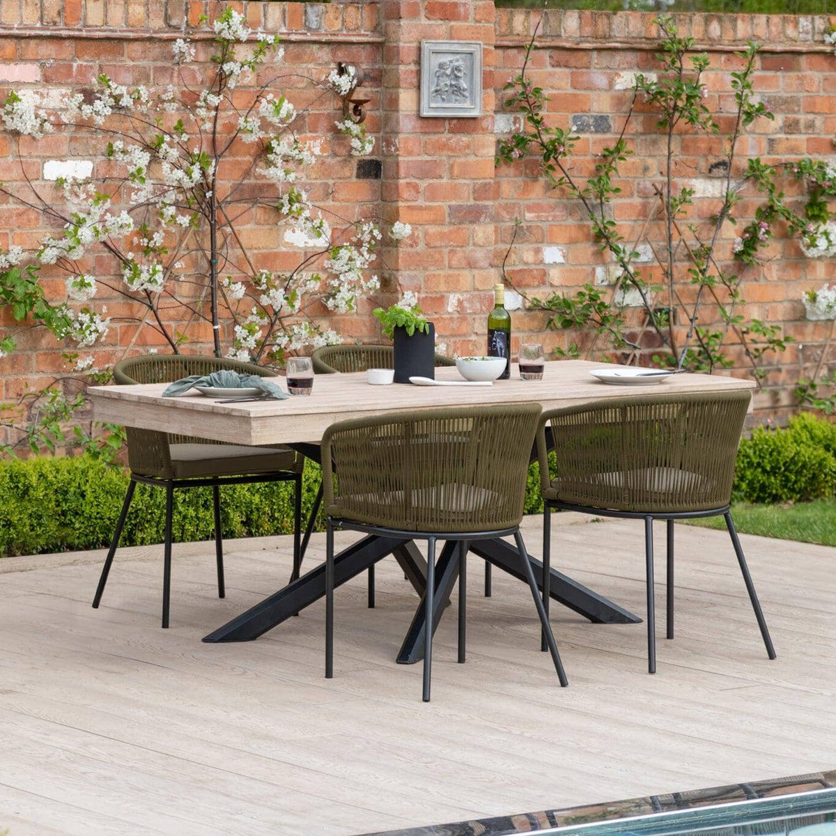 Amelia 4 Seater Natural Wood Black Legs Garden Dining Set - Hali Green Chairs