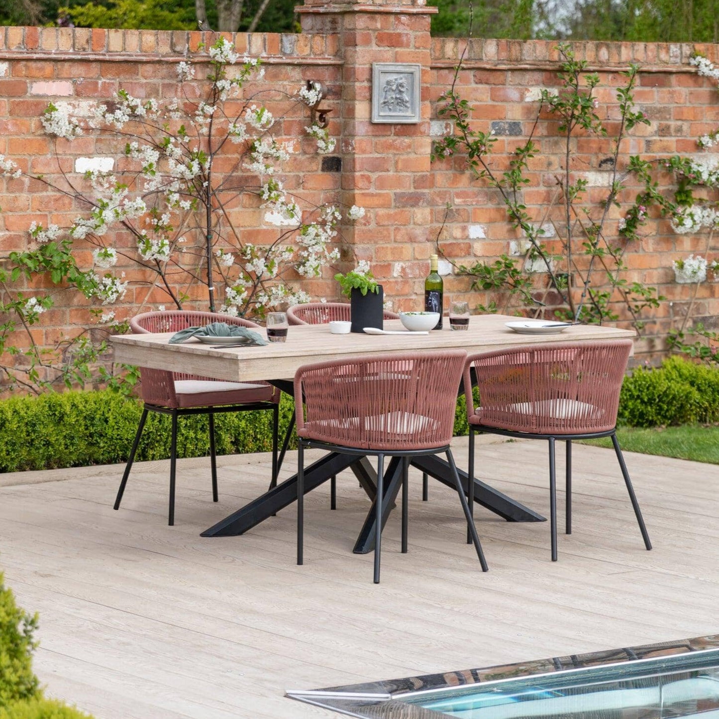 Amelia 4 Seater Natural Wood Black Legs Garden Dining Set - Hali Pink Chairs