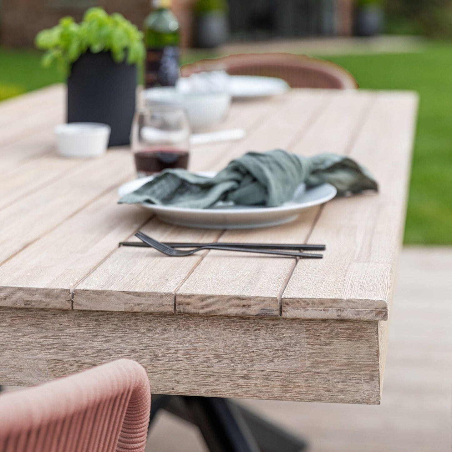 Amelia 4 Seater Natural Wood Black Legs Garden Dining Set - Hali Pink Chairs