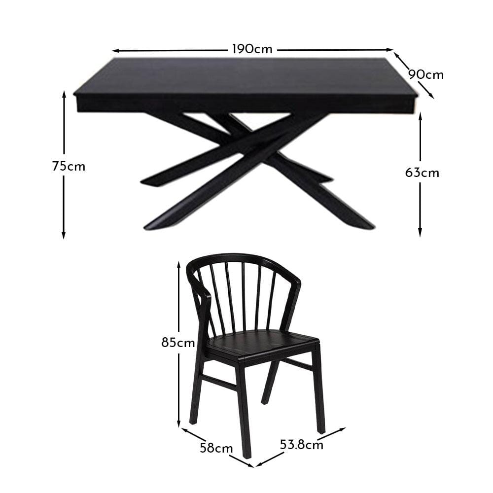 Amelia Black Dining Table Set - 6 Seater - Black Spindle Back Chairs