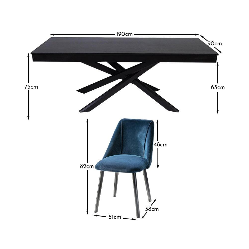 Amelia Black Dining Table Set - 6 Seater - Freya Blue Dining Chairs With Black Legs - Laura James