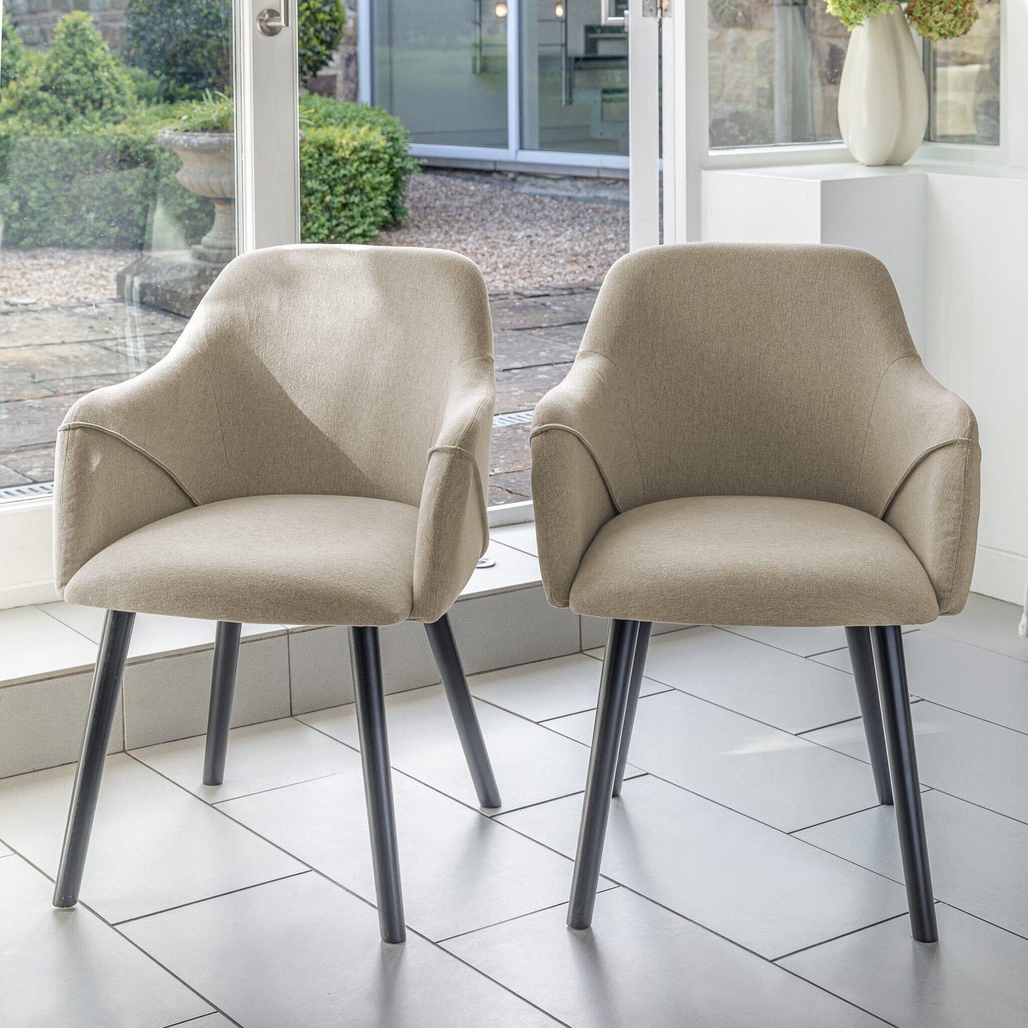 Amelia Black Dining Table Set - 6 Seater - Freya Oatmeal Carver Chairs With Black Legs - Laura James