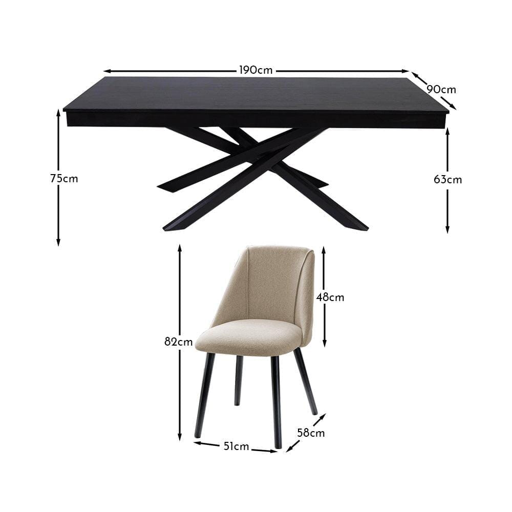 Amelia Black Dining Table Set - 6 Seater - Freya Sand Dining Chairs - Black Legs