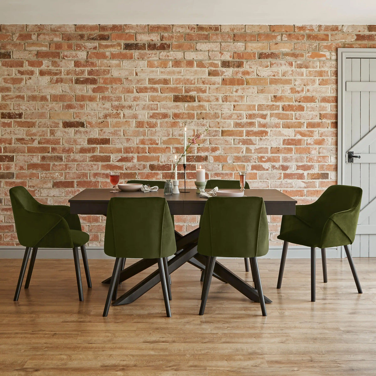 Amelia Black Dining Table Set - 6 Seater - Freya Fern Green Dining Chairs - Black Legs - Laura James