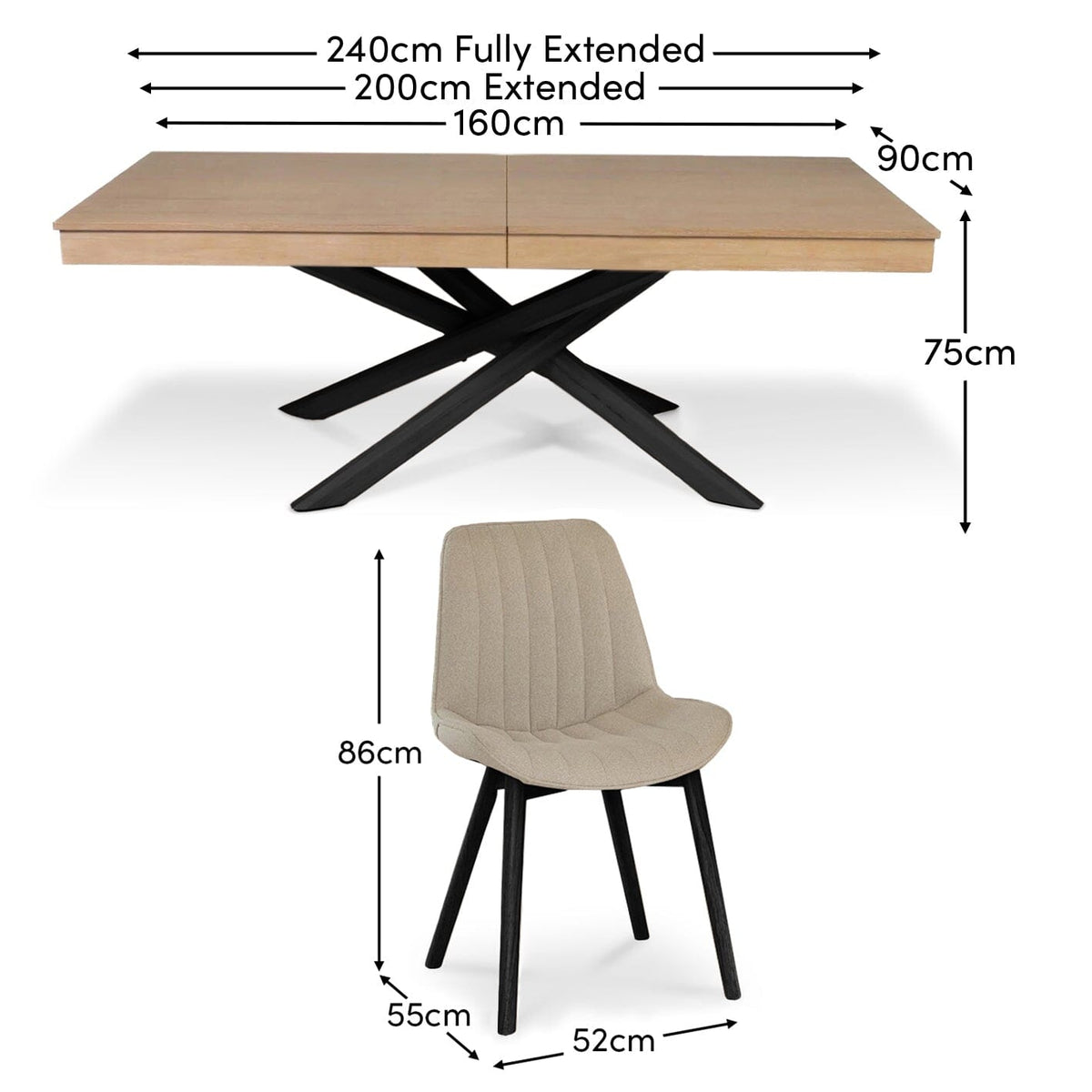 Amelia Whitewash Extendable Dining Table Set - 6 Seater - Bella Soft Beige Dining Chairs - Black Legs