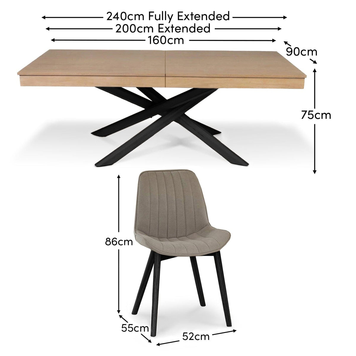Amelia Whitewash Extendable Dining Table Set - 6 Seater - Bella Soft Beige Dining Chairs - Black Legs - Laura James
