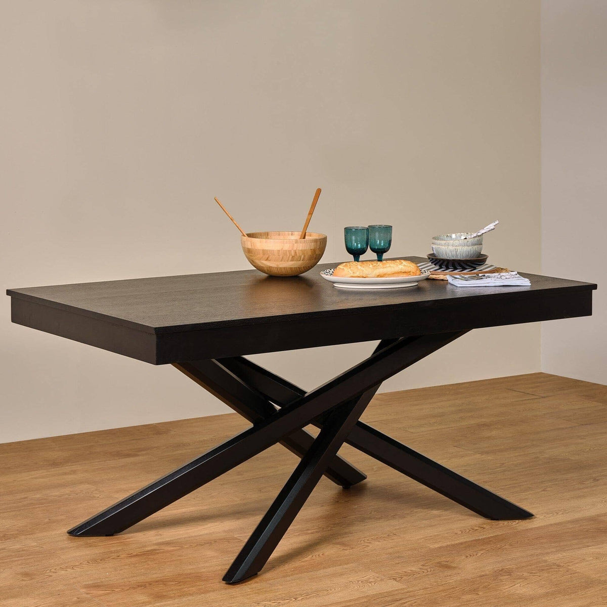 Amelia Black Dining Table Set - 6 Seater - Freya Sand Dining Chairs - Black Legs