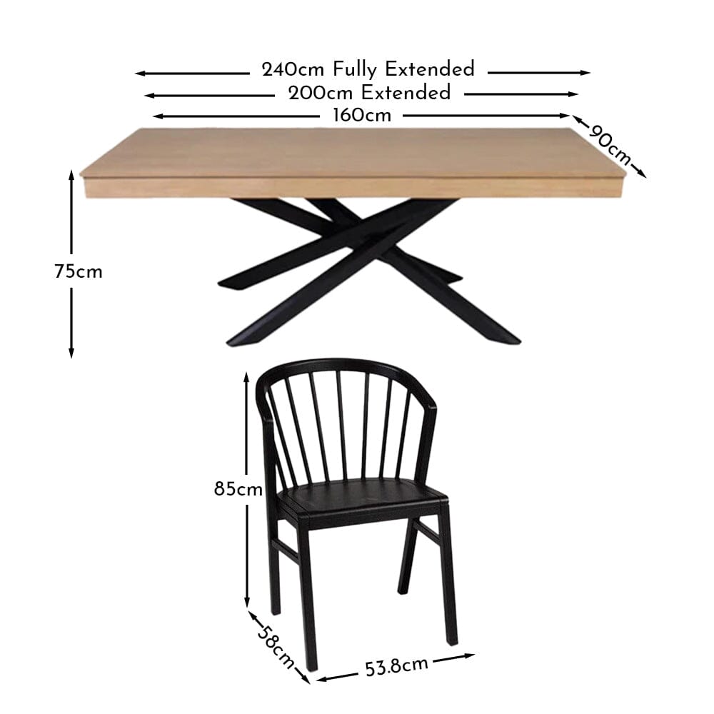 Amelia Whitewash Extendable Dining Table Set - 6 Seater - Mabel Black Spindle Back Chairs - Black Legs