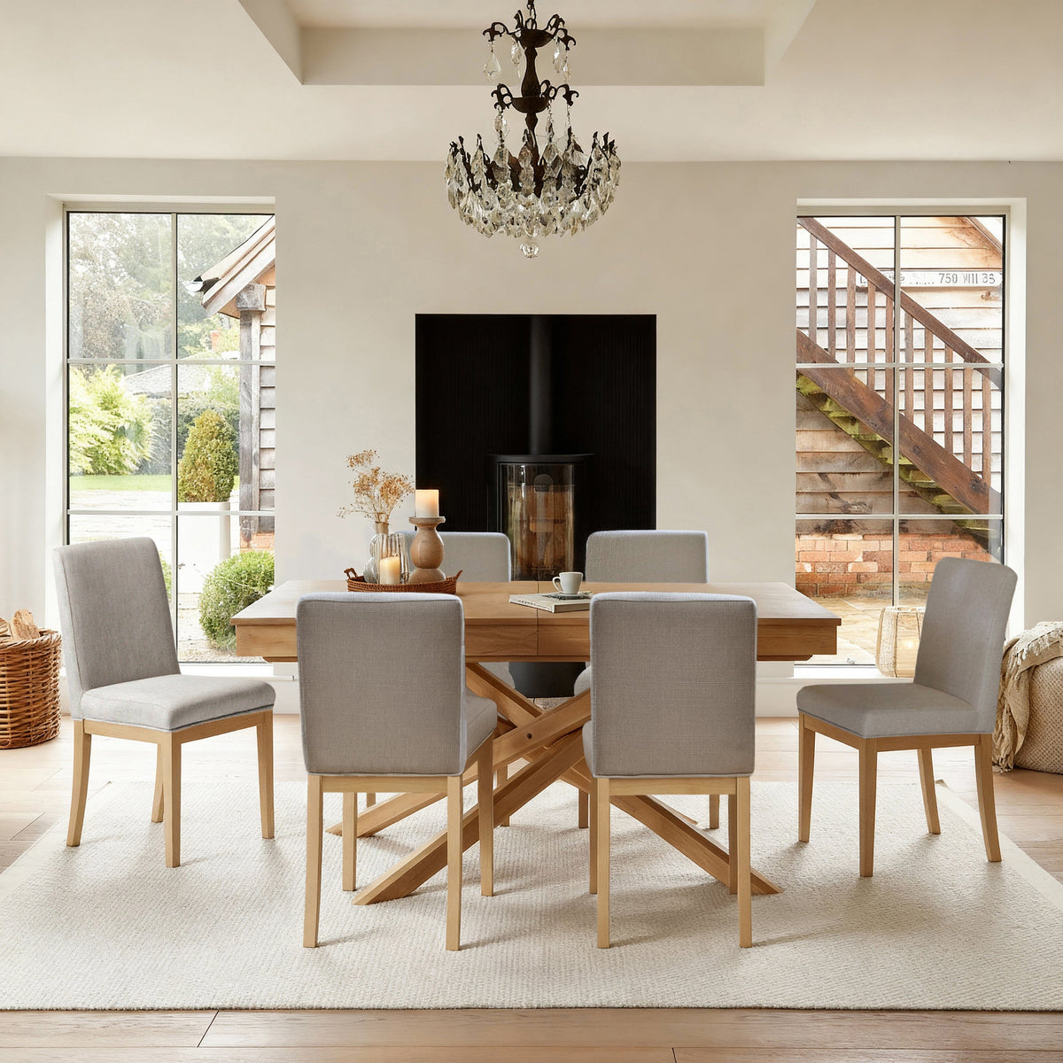 Amelia Whitewash Extending Dining Table Set - 6 Seater - Nolan Fawn Linen Dining Chairs - Whitewash Oak Legs - Laura James