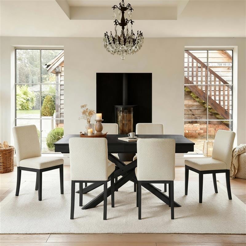 Amelia Black Extending Dining Table Set - 6 Seater - Nolan Boucle Dining Chairs - Black Oak Legs - Laura James