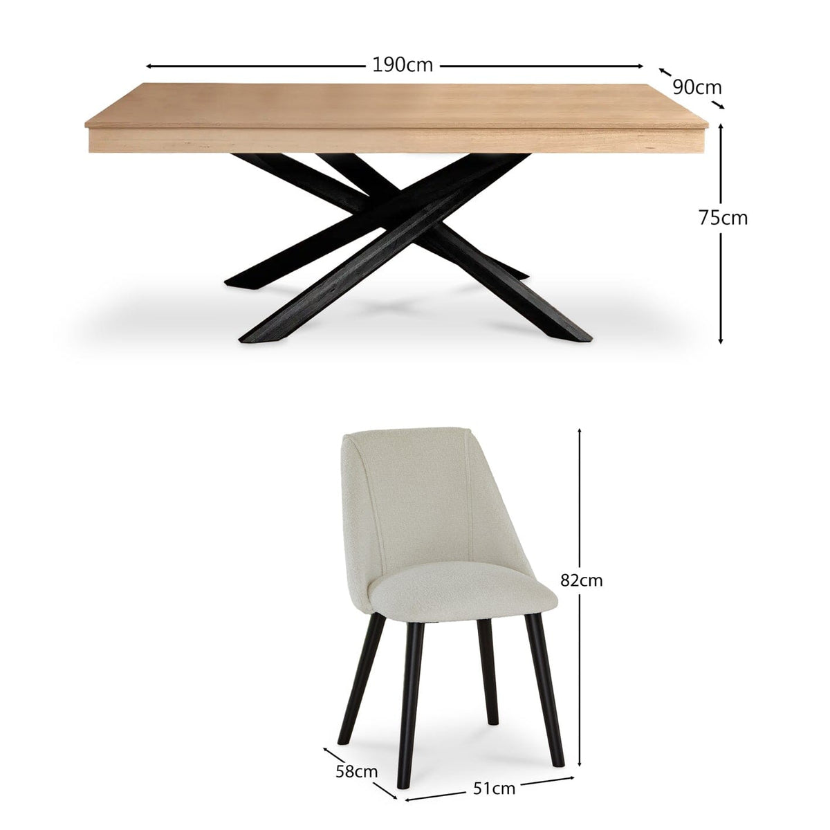 Amelia Whitewash Dining Table Set - 6 Seater - Freya Boucle Dining Chairs with Black Legs - Laura James