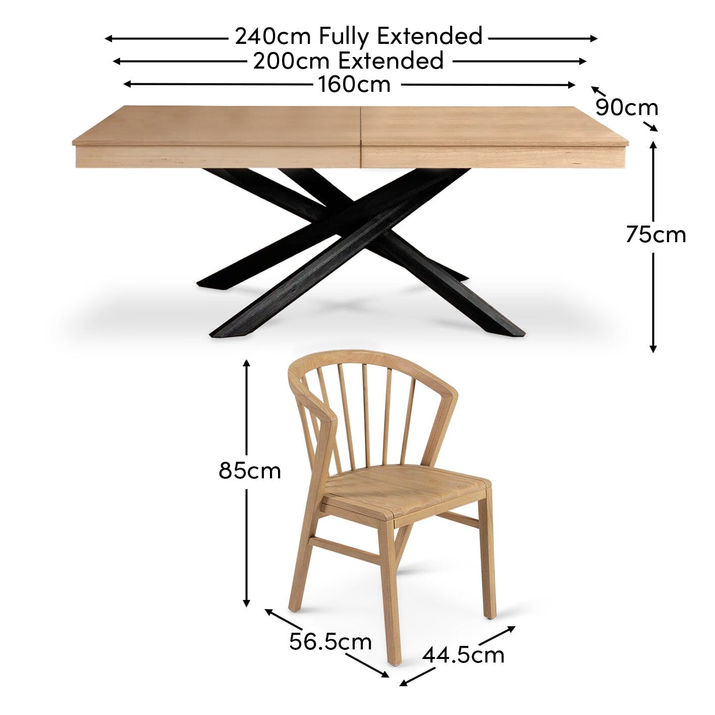 Amelia Pale Oak Extendable Dining Table Set with Black Legs - 6 Seater - Pale Oak Spindle Back Chairs - Laura James