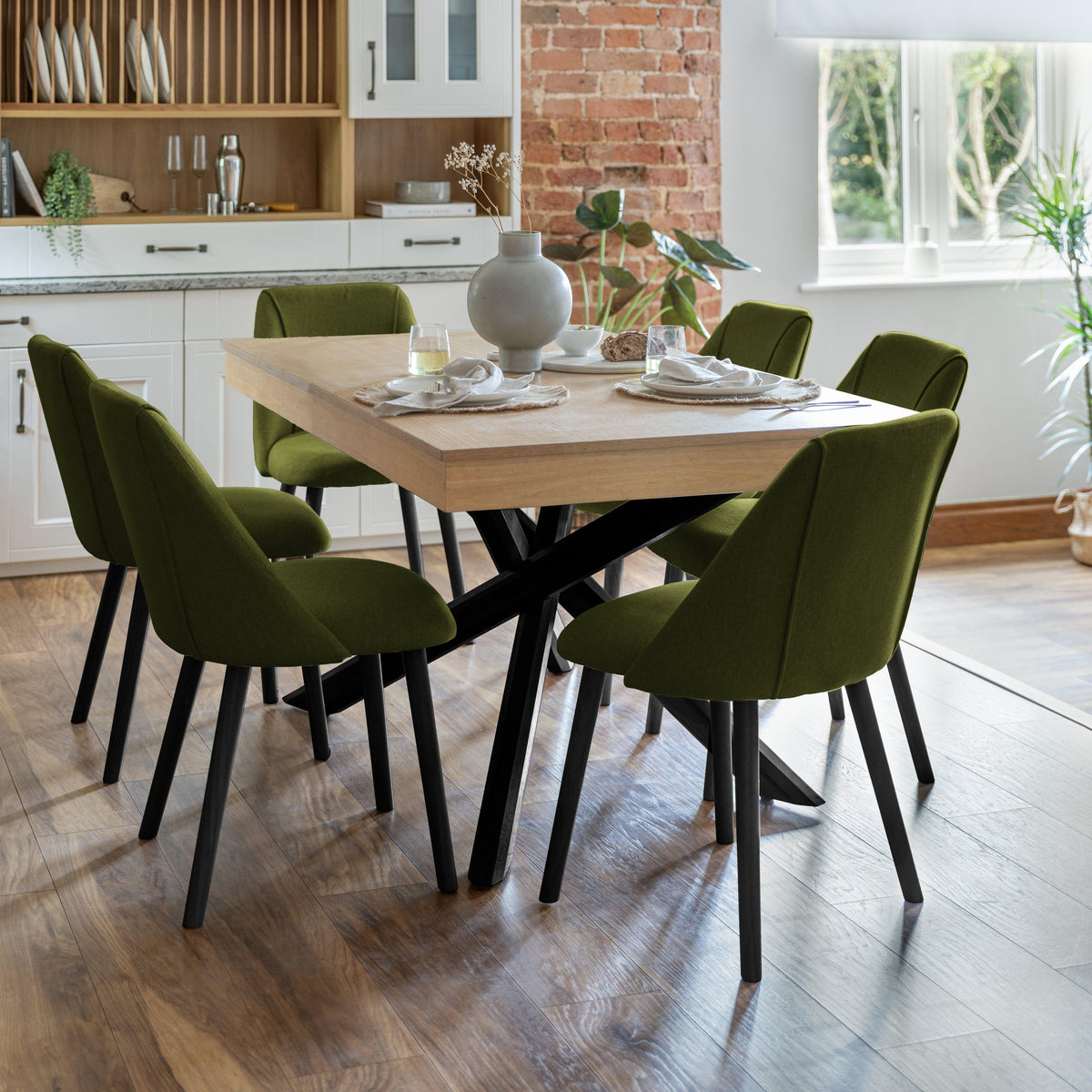 Amelia Whitewash Dining Table Set - 6 Seater - Freya Fern Green Dining Chairs - Black Legs - Laura James