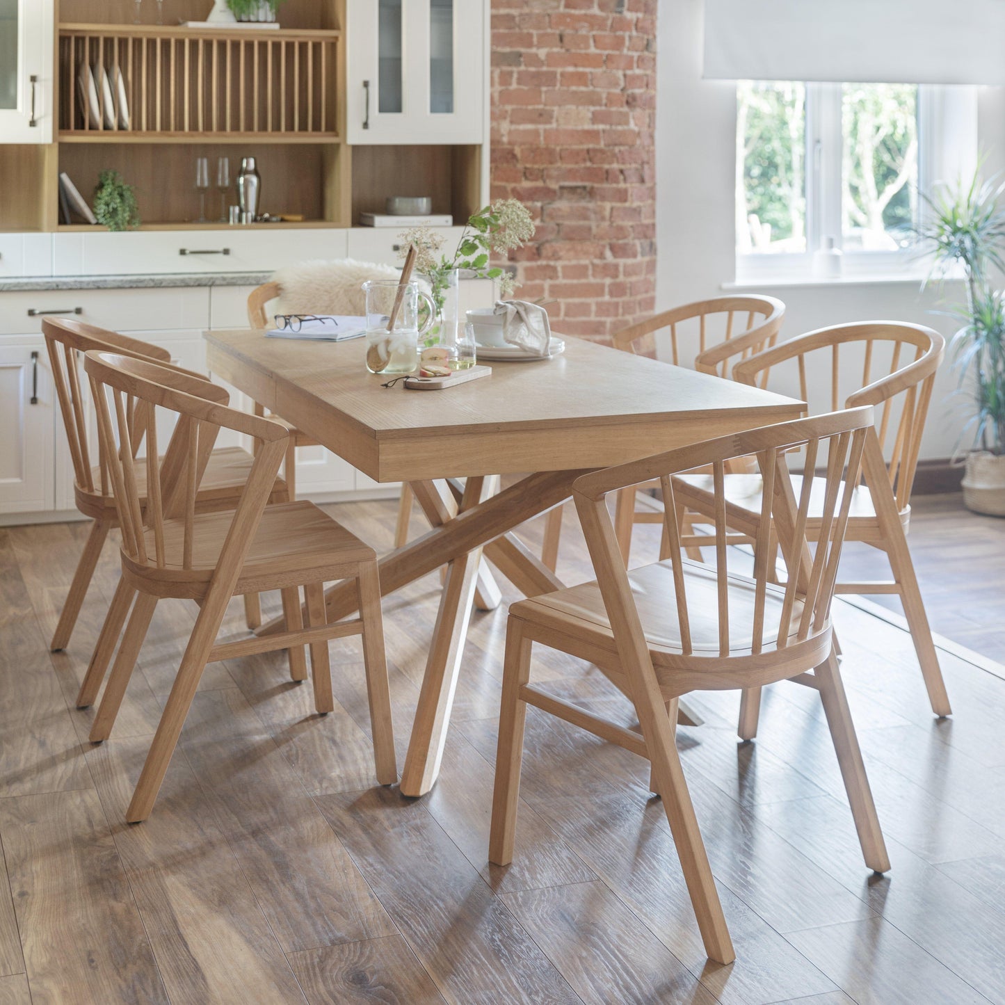 Amelia Whitewash Dining Table Set - 6 Seater - Light Oak Spindle Back Chairs