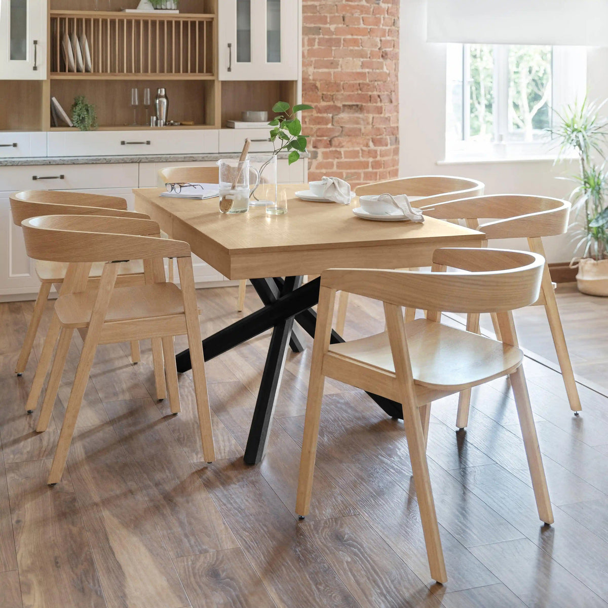 Amelia Pale Oak Extendable Dining Table Set Black Legs - 6 Seater - Pale Oak Armchairs - Laura James