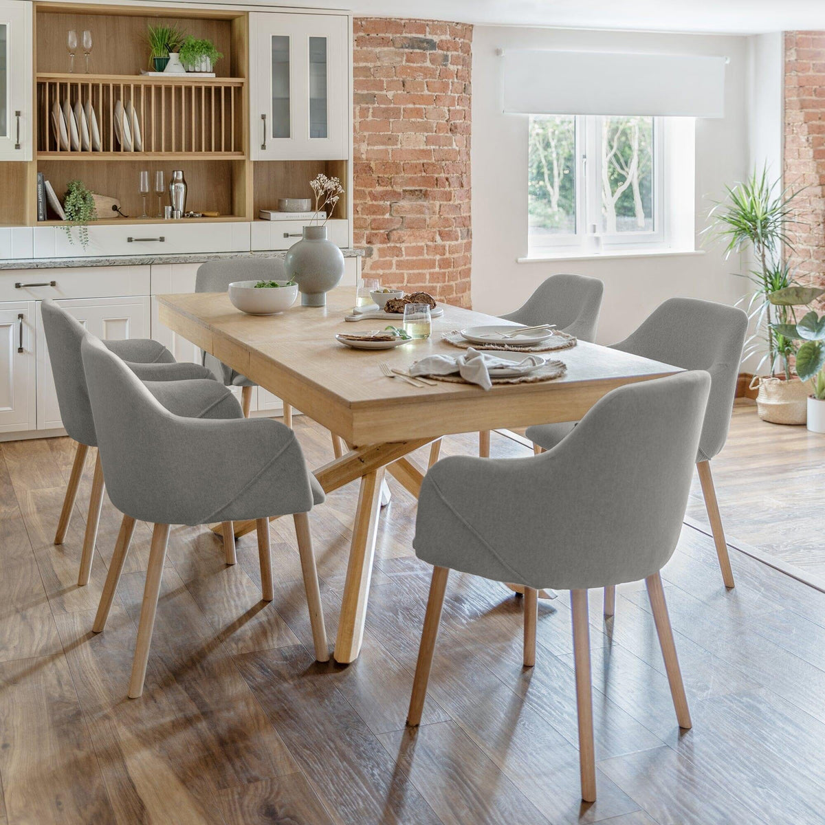 Amelia Whitewash Wooden Dining Table Set - 6 Freya Fossil Twill Armchairs Chairs with Whitewash Legs - Laura James