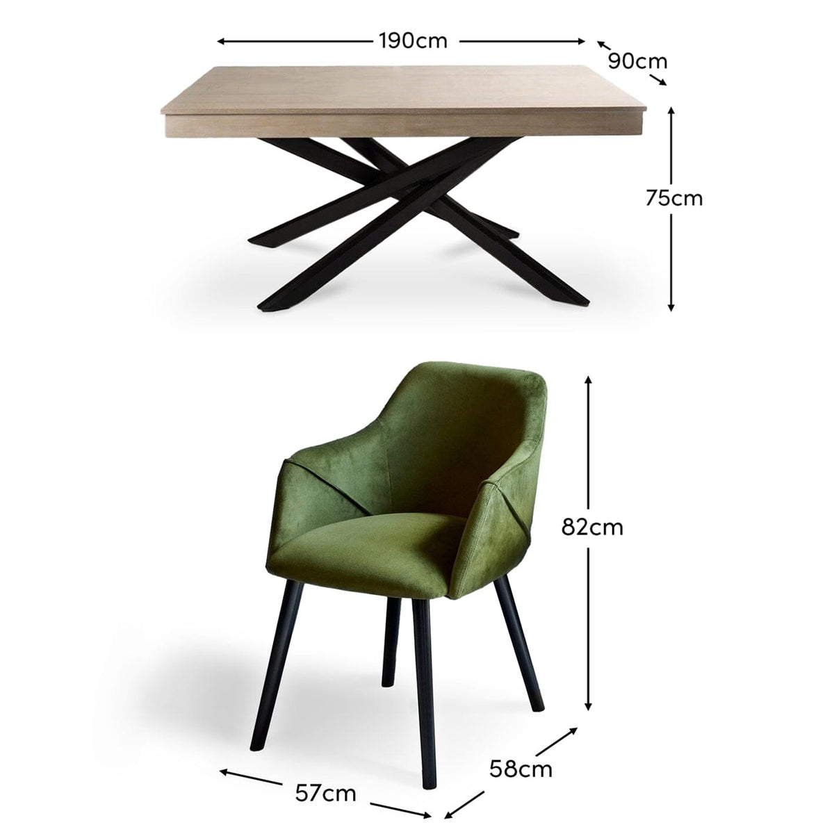 Amelia Whitewash Dining Table Set - 6 Seater - Freya Fern Green Carver Chairs - Black Legs - Laura James