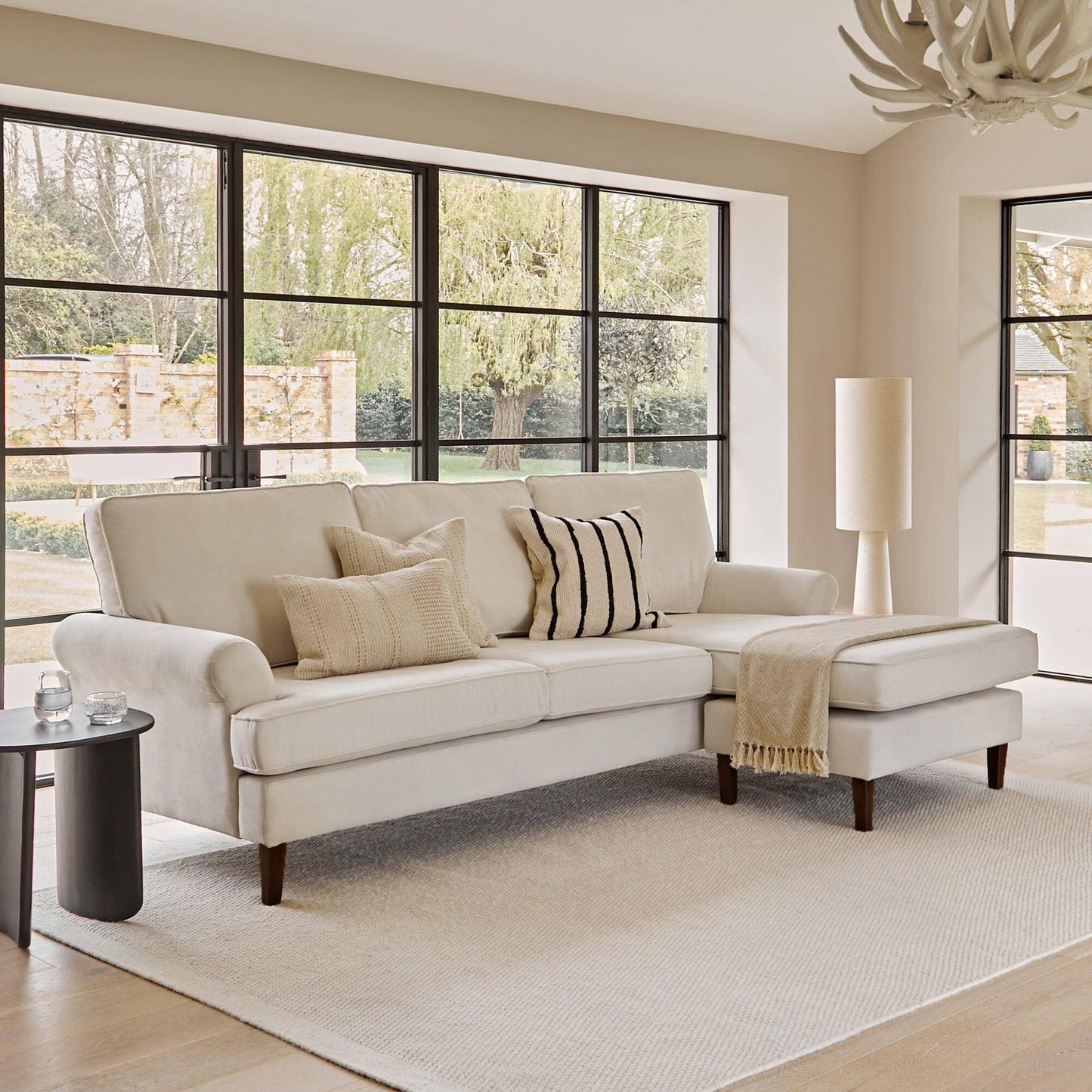 Annabelle corner sofa with chaise Natural Ivory with Dark Oak Legs - Laura James