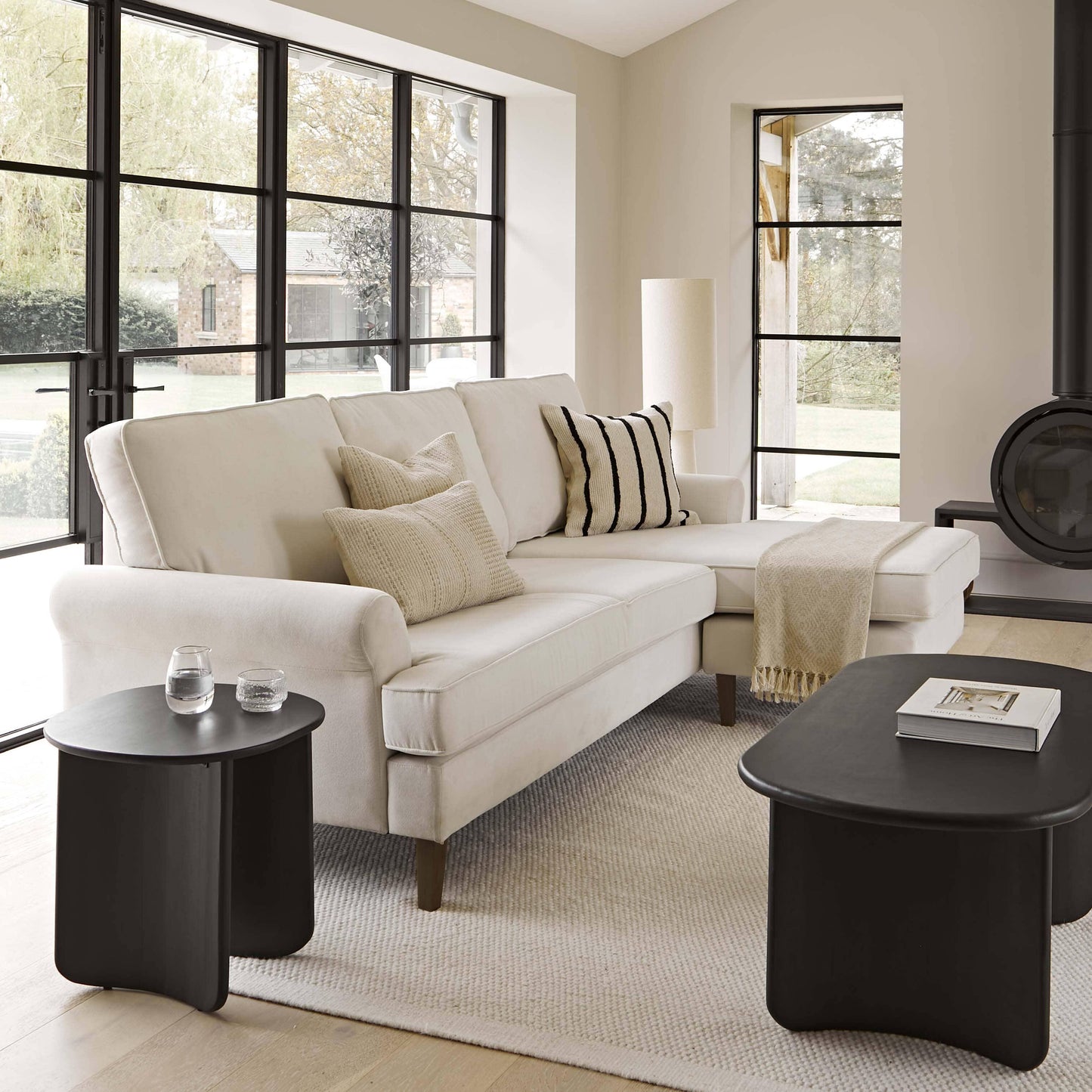Annabelle corner sofa with chaise Natural Ivory with Dark Oak Legs - Laura James
