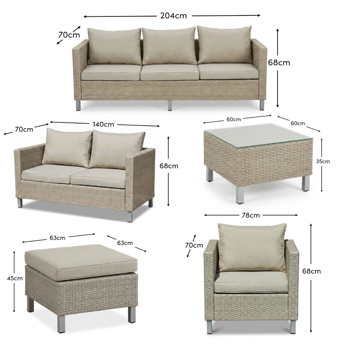 Aria 7 Seater Rattan Garden Sofa Set with Footstool & Coffee Table - Light Grey - Laura James