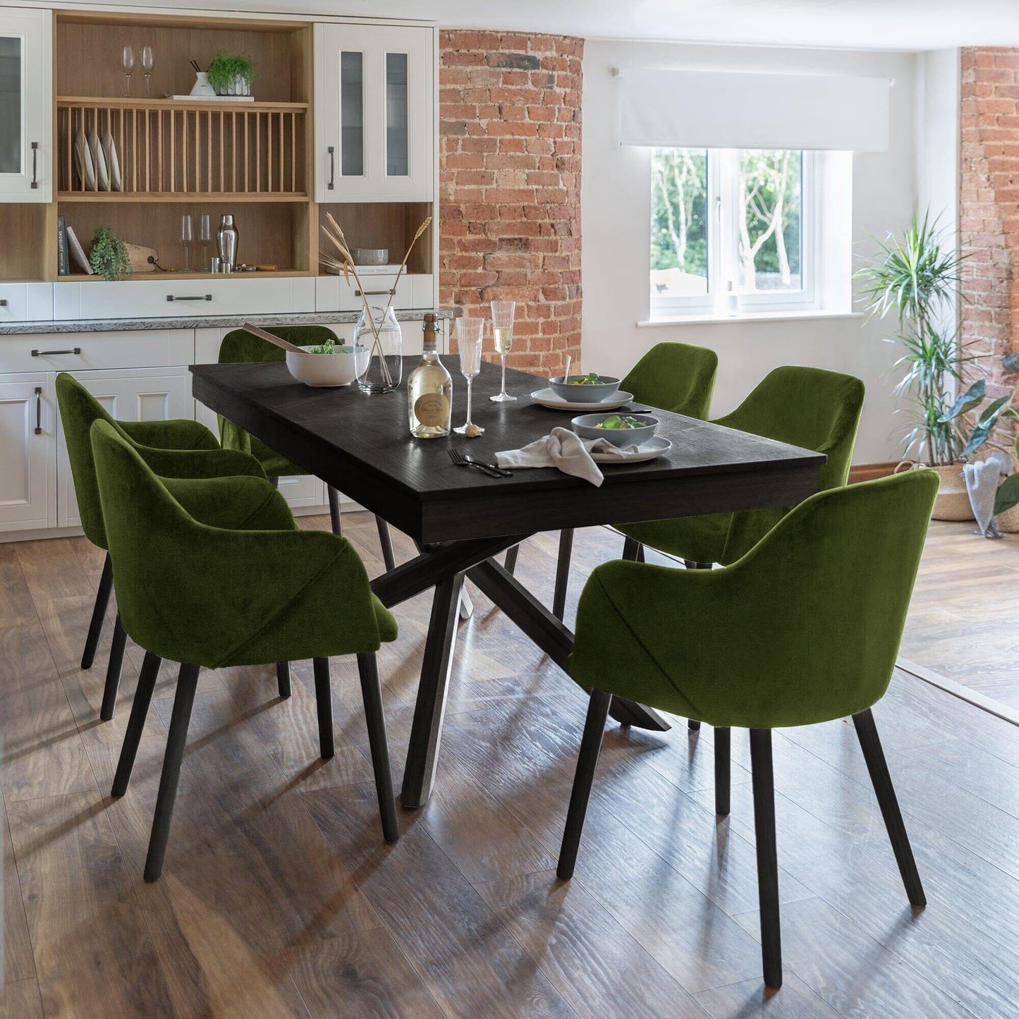 Amelia Black Dining Table Set - 6 Seater - Freya Fern Green Carver Chairs - Black Legs
- Laura James