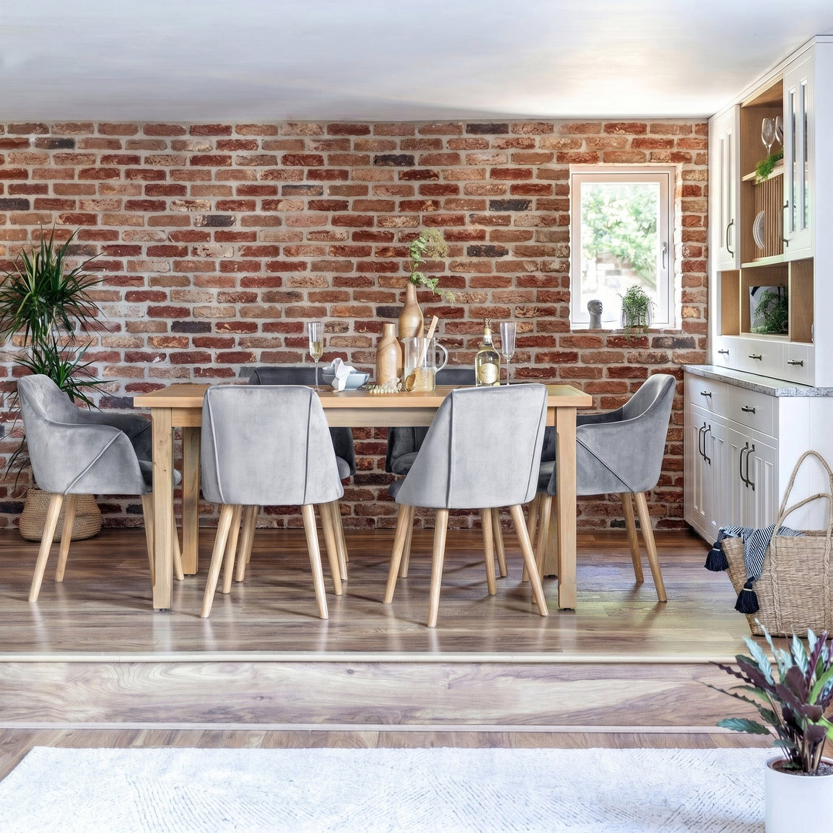 Ella 160cm Pale Oak Dining Table Set - 6 Seater - 4 Freya Dining Chairs with 2 Freya Armchairs - Mist Grey with Pale Oak Legs - Laura James