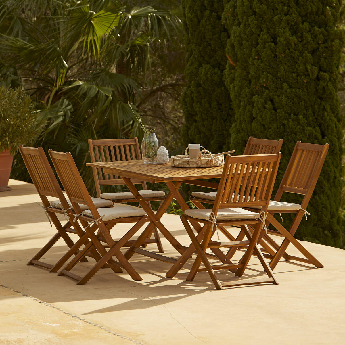 Ashby 6 Seater Wooden Rectangular Garden Dining Set with Grey LED Premium Parasol - 150cm - Laura James