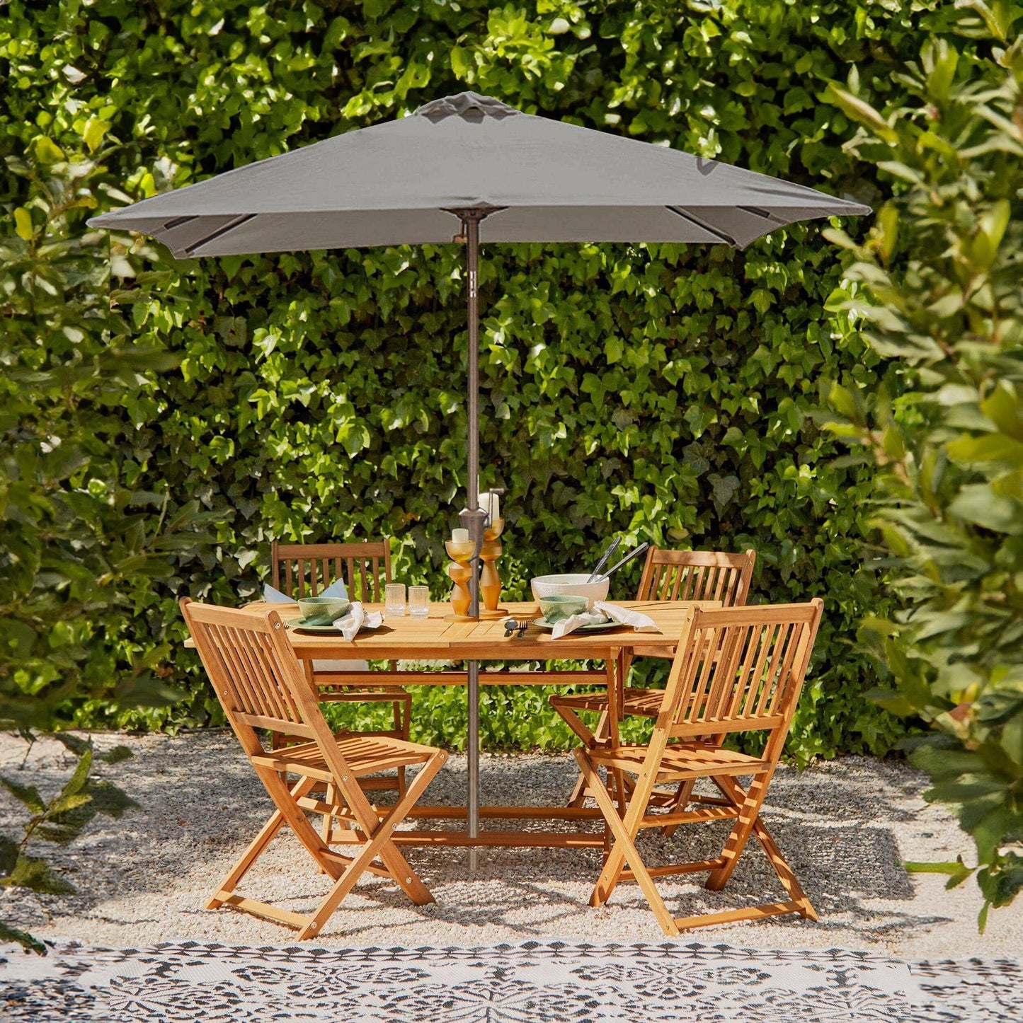 Ashby 4 Seater Wooden Rectangular Garden Dining Set with Grey Parasol - 120cm - Laura James