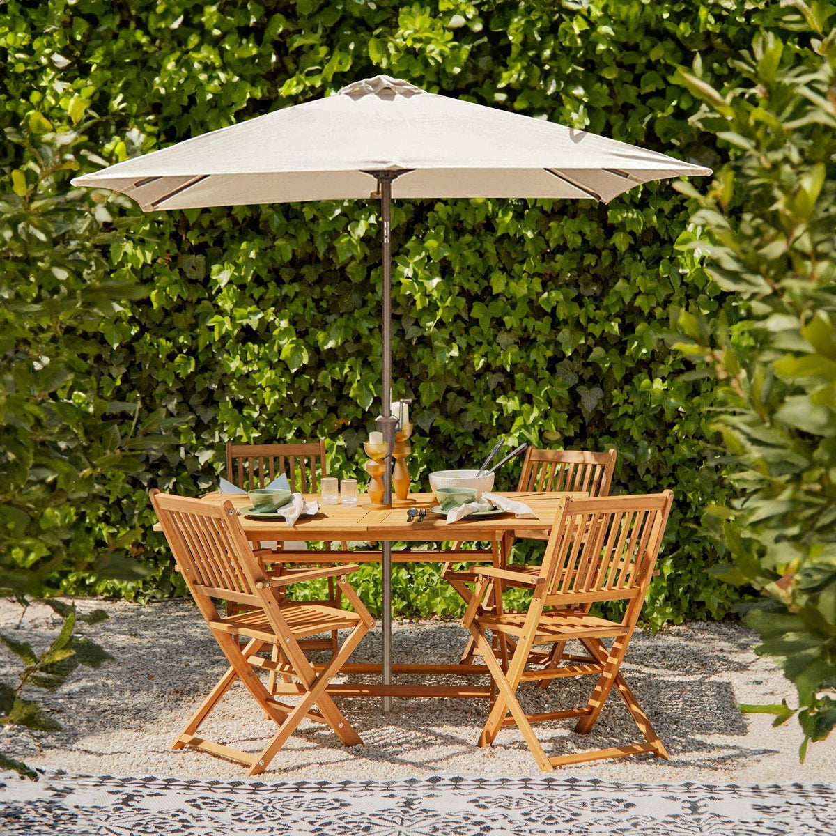 Ashby 4 Seater Wooden Rectangular Garden Armchair Dining Set with Cream LED Premium Parasol - 120cm - Laura James
