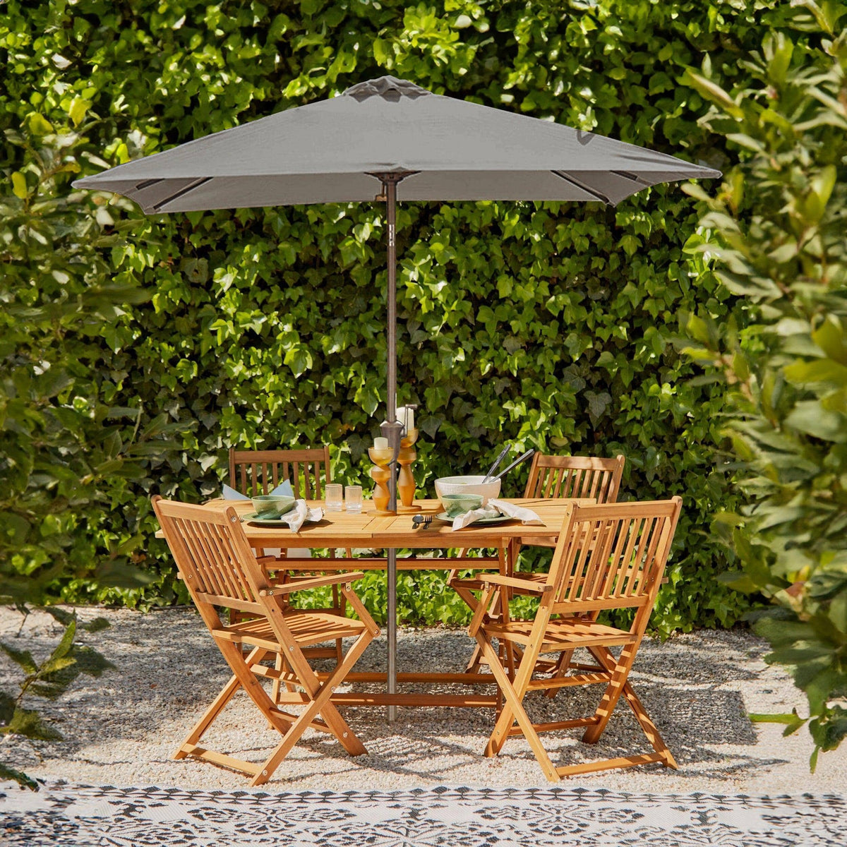 Ashby 4 Seater Wooden Rectangular Garden Armchair Dining Set with Grey LED Premium Parasol - 120cm - Laura James