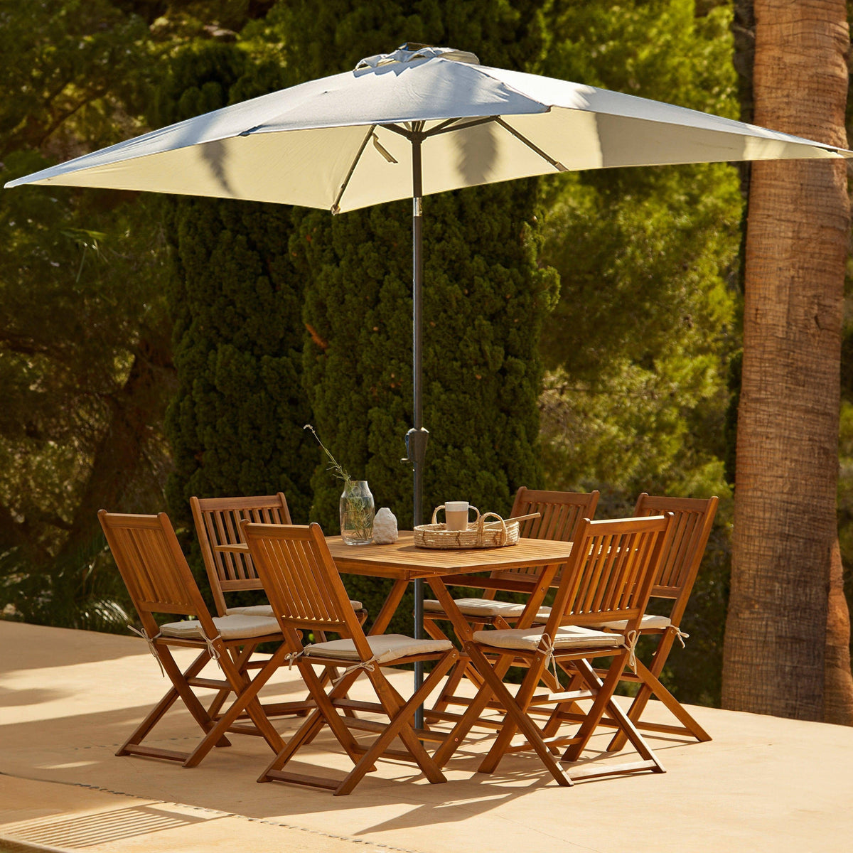 Ashby 6 Seater Wooden Rectangular Garden Dining Set with Cream LED Premium Parasol - 150cm - Laura James