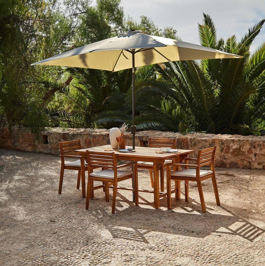 Aspen 4 Seater Wooden Extendable Garden Dining Set with Cushions - Premium Cream LED Parasol - Laura James