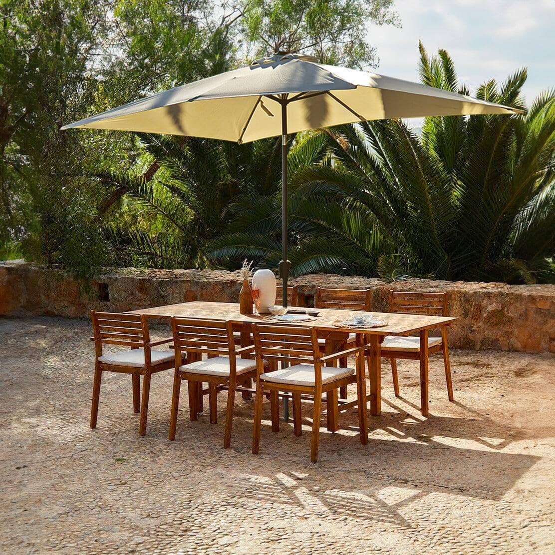 Aspen 6 Seater Wooden Extendable Garden Dining Set with Cushions & Cream Premium LED Parasol - 160-240cm - Laura James