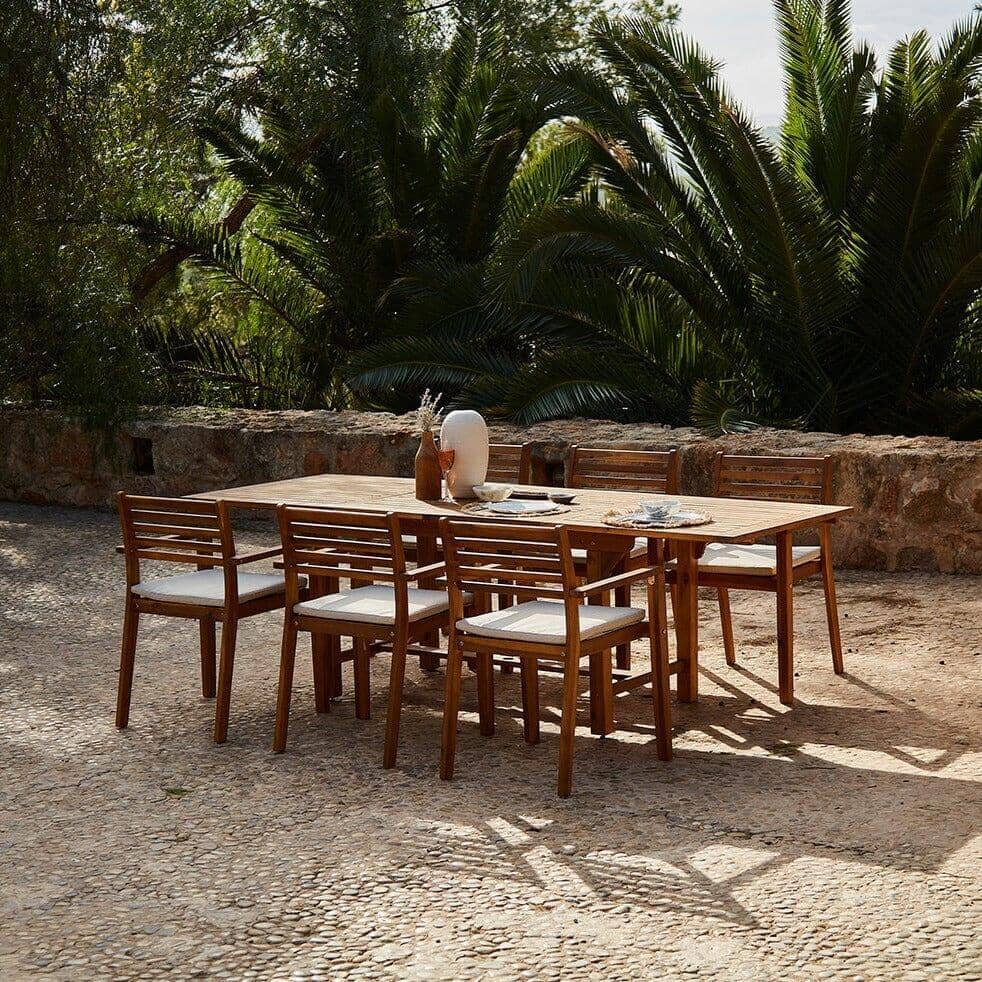 Aspen 6 Seater Wooden Extendable Garden Dining Set with Cushions & Cream Premium LED Parasol - 160-240cm - Laura James