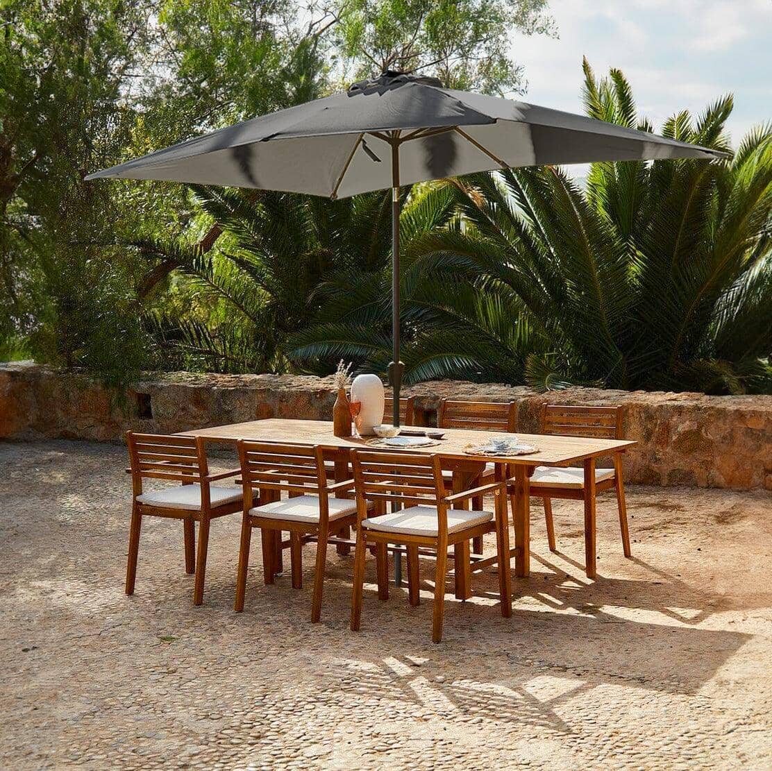 Aspen 6 Seater Wooden Extendable Garden Dining Set with Grey Parasol - 160-240cm - Laura James