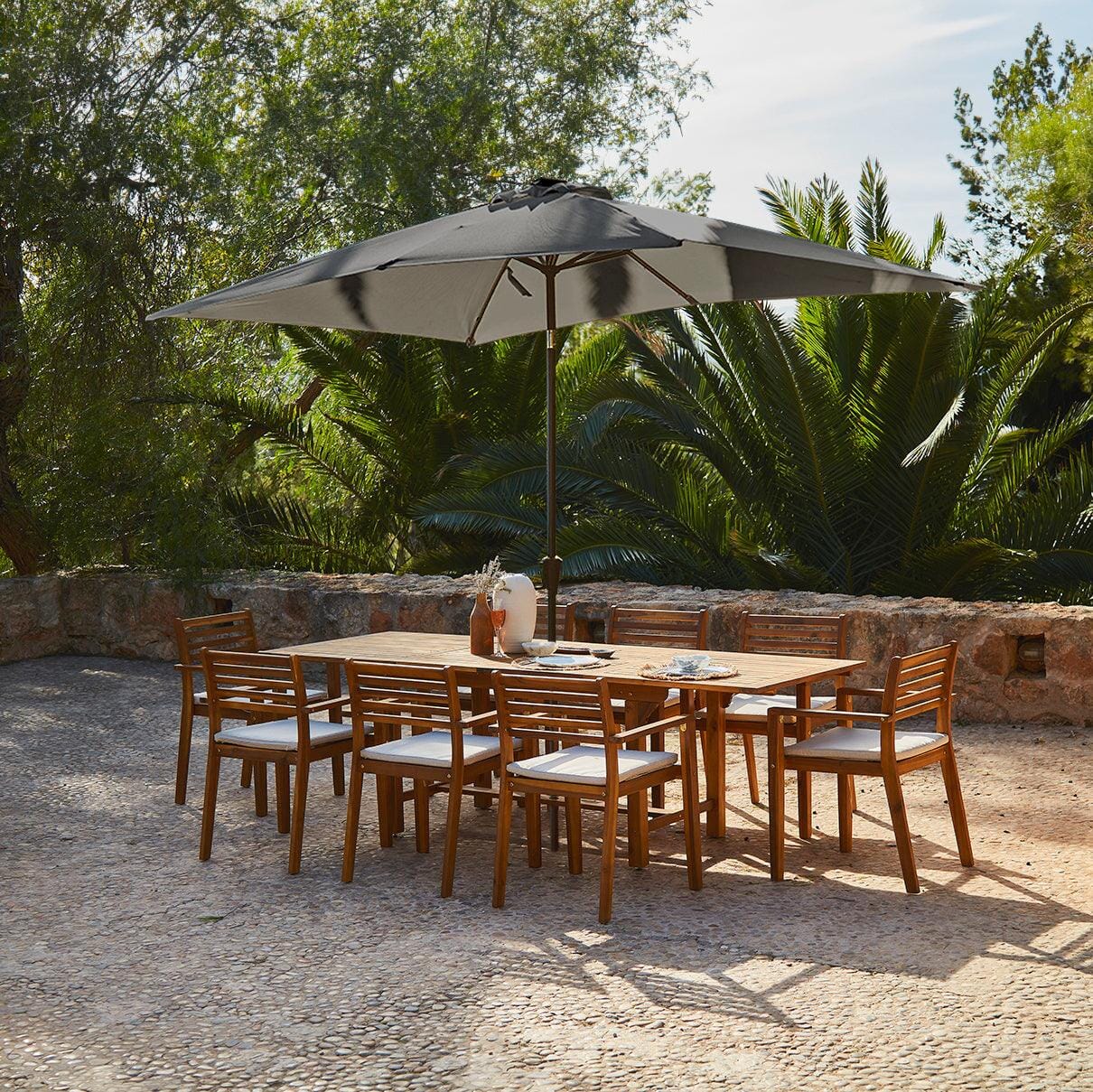 Aspen 8 Seater Wooden Extendable Garden Dining Set with Cushions - Grey Parasol - Laura James