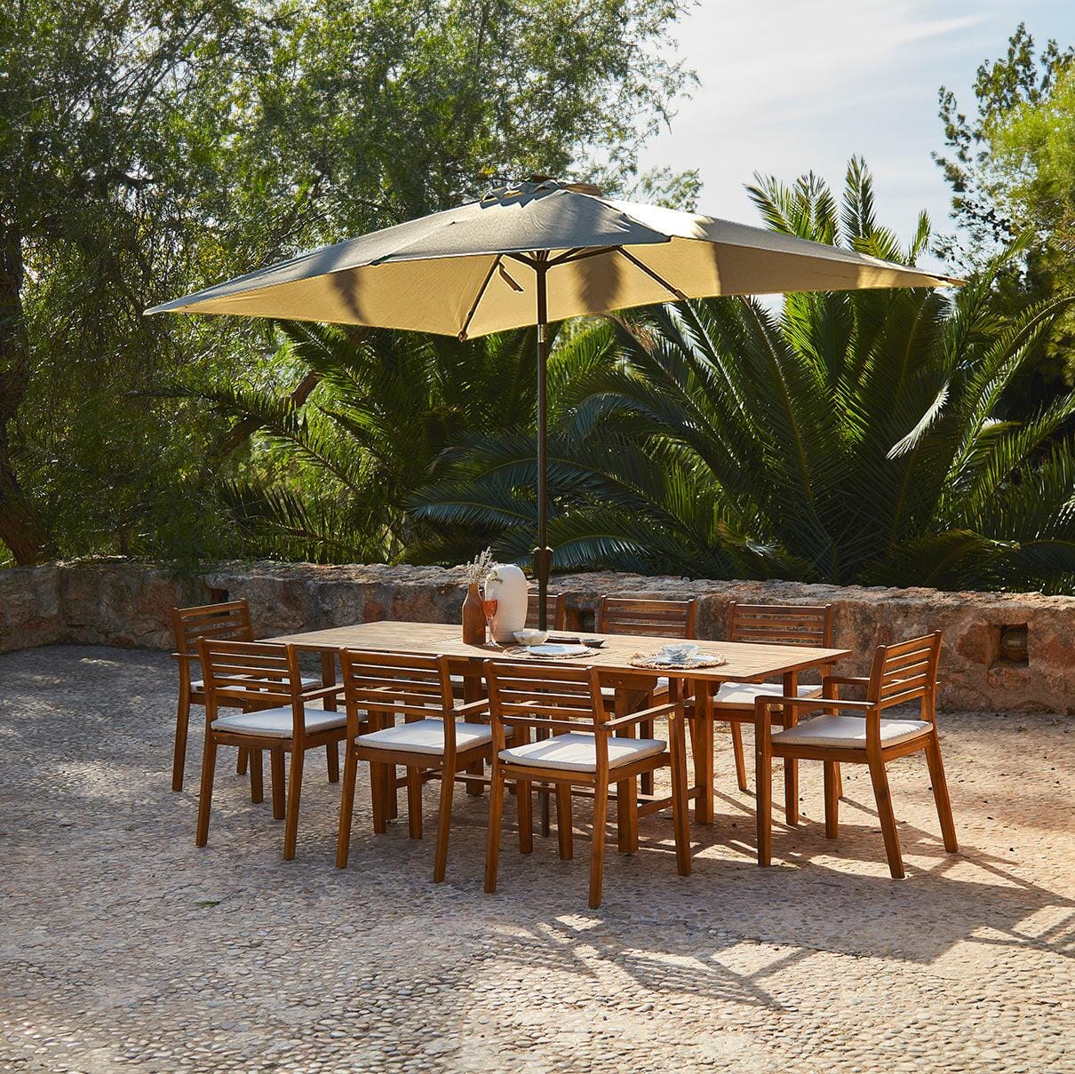 Aspen 8 Seater Wooden Extendable Garden Dining Set with Cushions - Premium Cream LED Parasol - Laura James