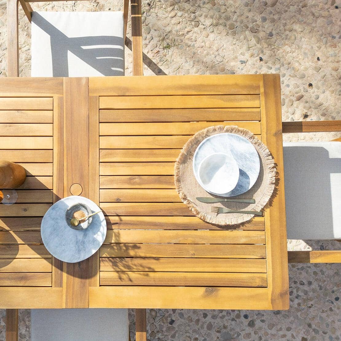 Aspen 6 Seater Wooden Extendable Garden Dining Set with Cushions & Cream LED Premium Parasol - 160cm to 240cm