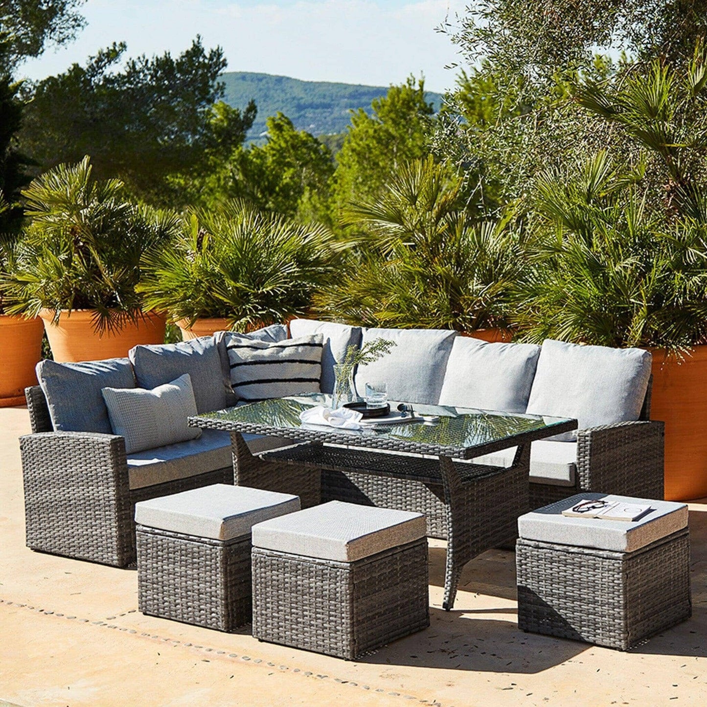 9 Seater Rattan Outdoor Corner Sofa Set - Grey Weave - Laura James